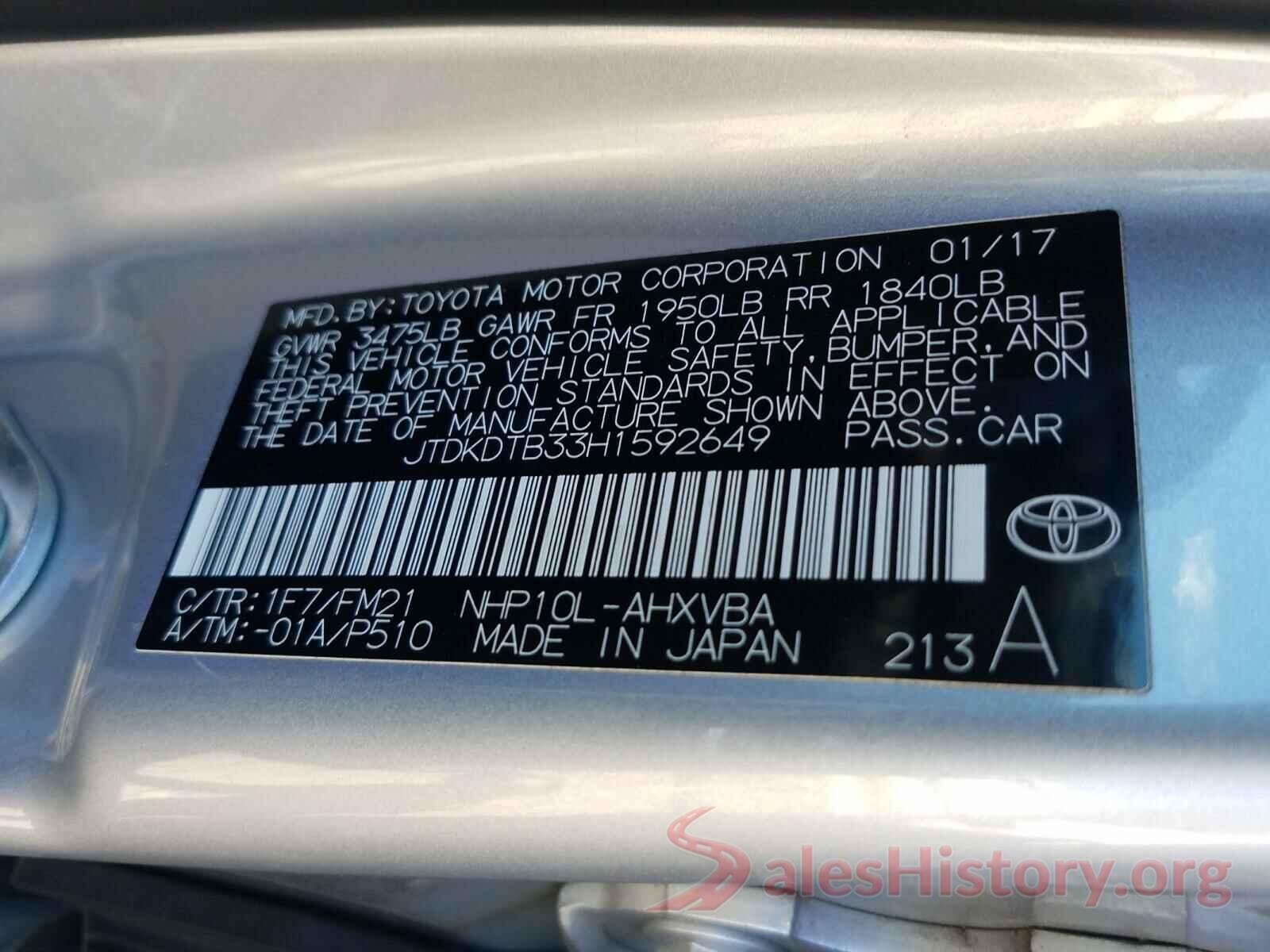 JTDKDTB33H1592649 2017 TOYOTA PRIUS