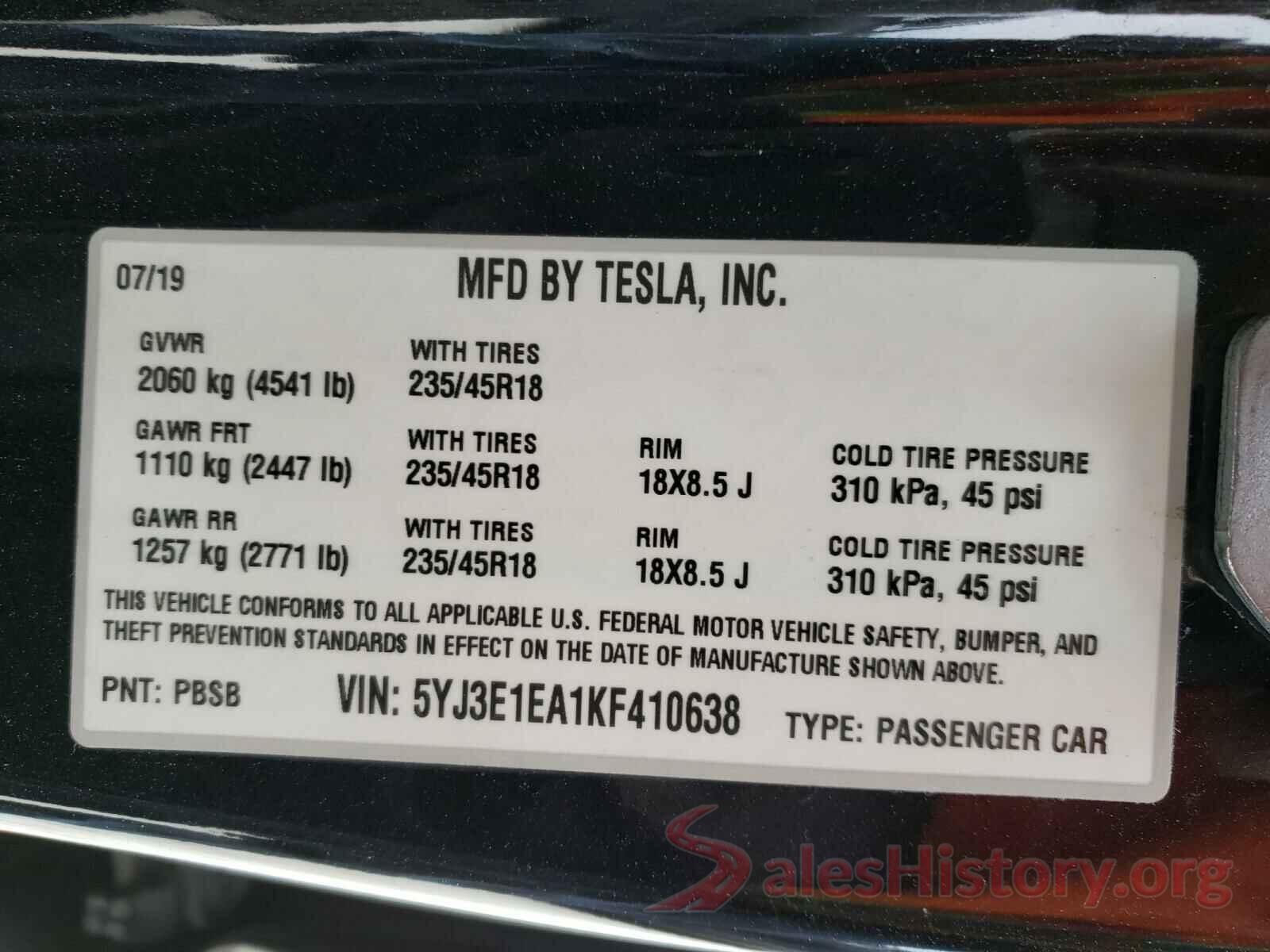 5YJ3E1EA1KF410638 2019 TESLA MODEL 3