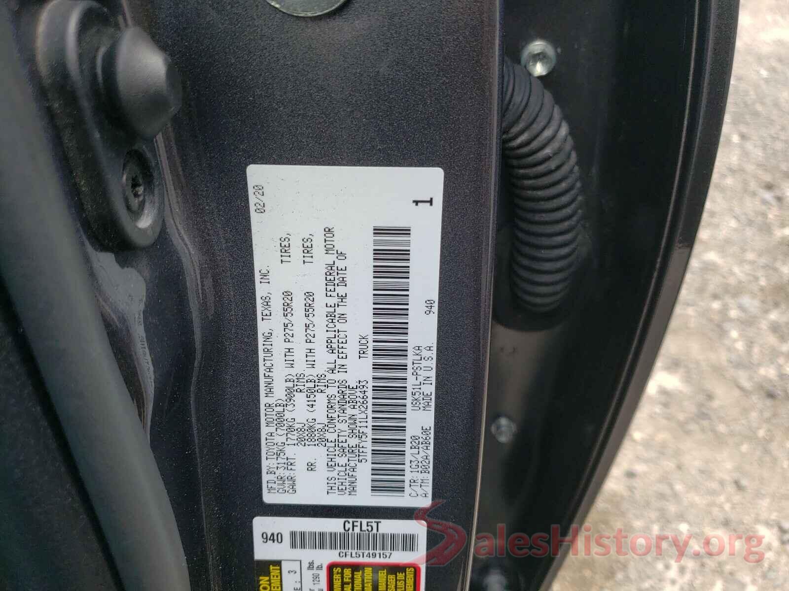 5TFFY5F11LX266493 2020 TOYOTA TUNDRA