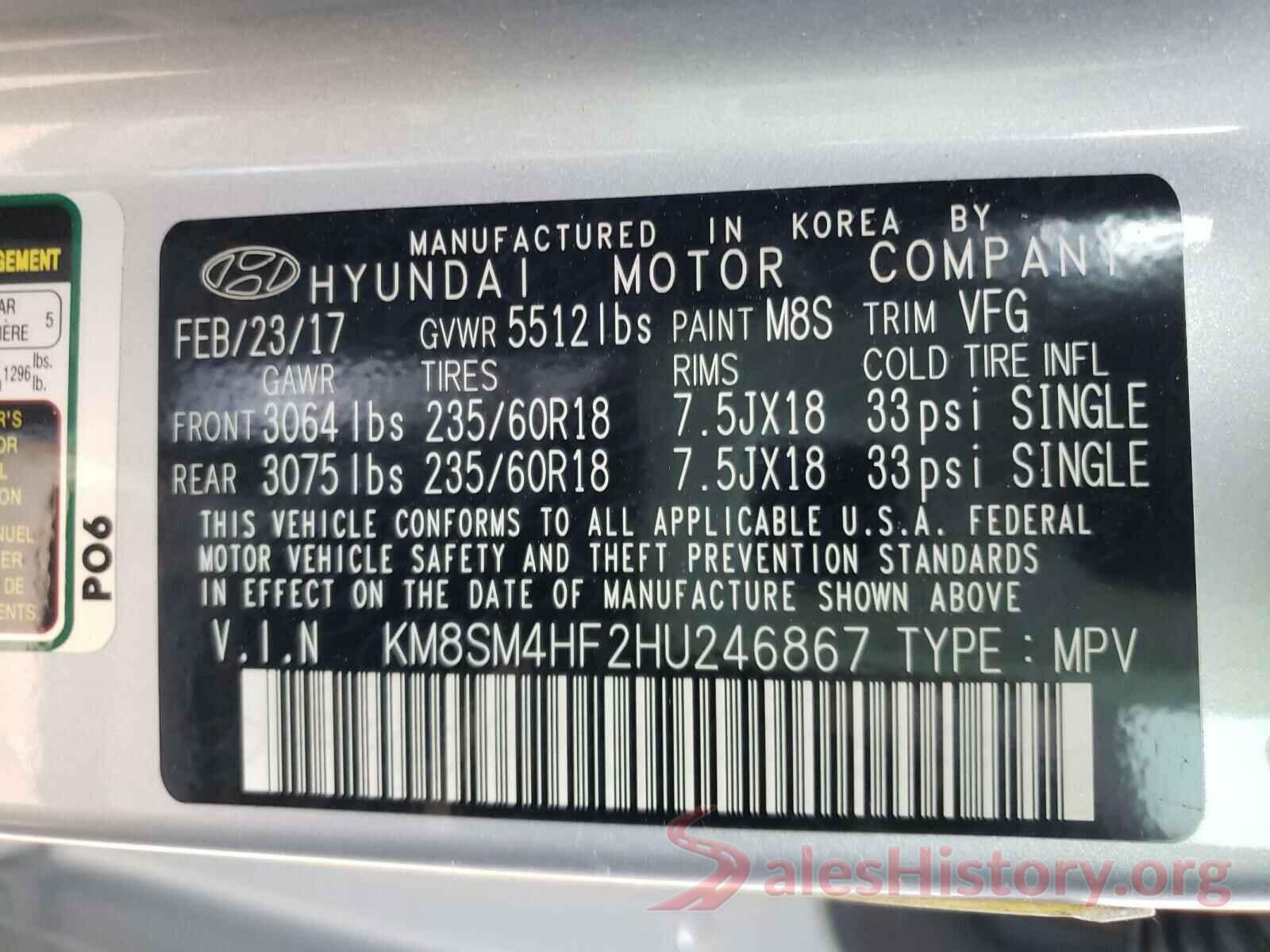 KM8SM4HF2HU246867 2017 HYUNDAI SANTA FE