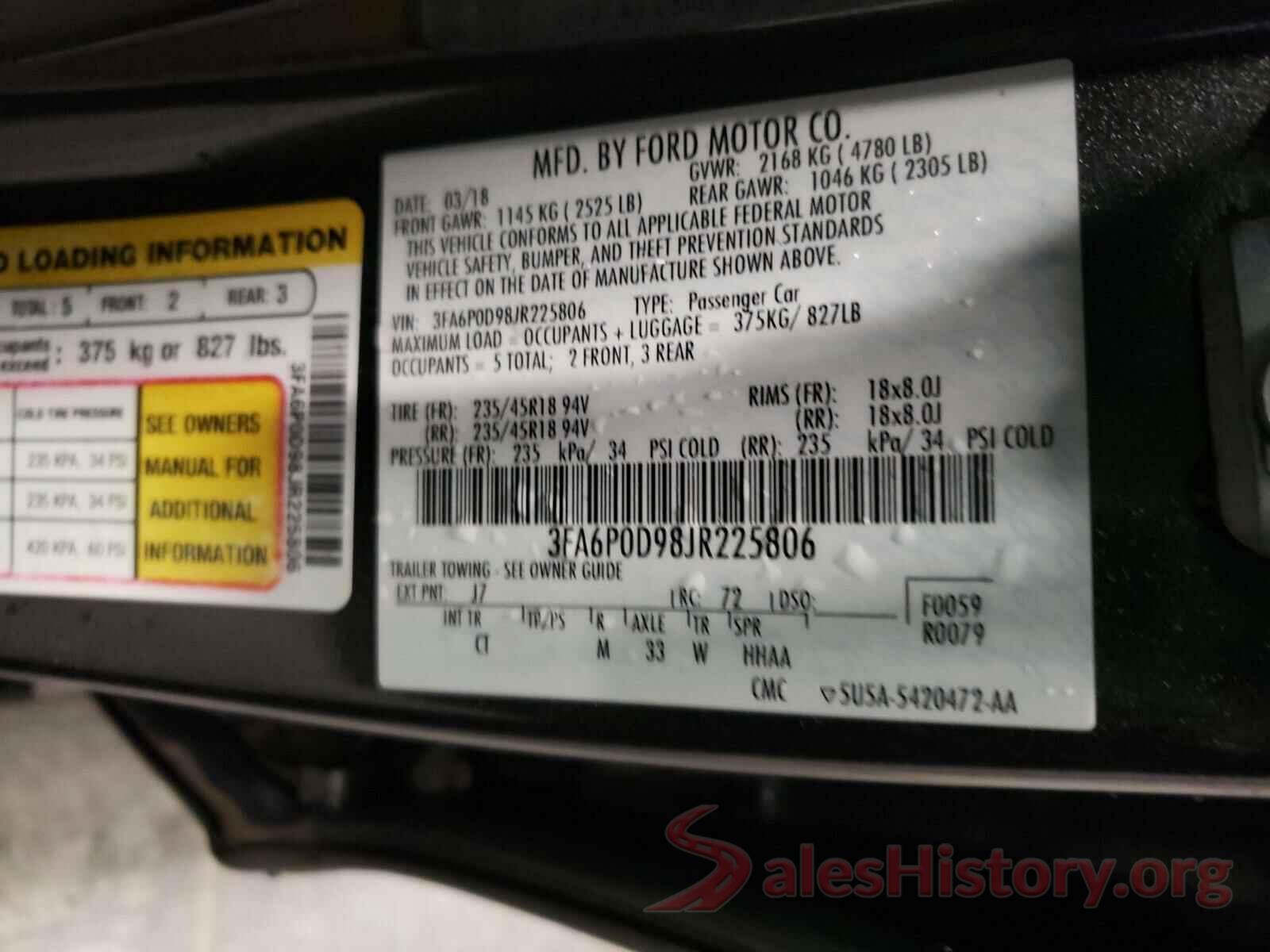 3FA6P0D98JR225806 2018 FORD FUSION