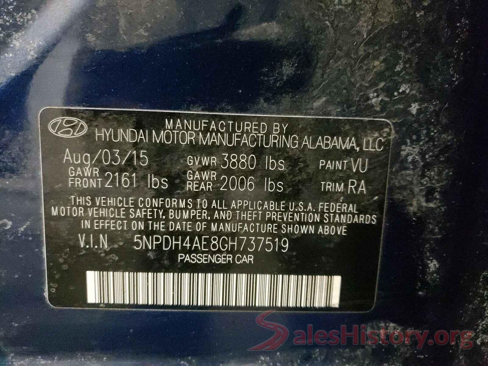 5NPDH4AE8GH737519 2016 HYUNDAI ELANTRA