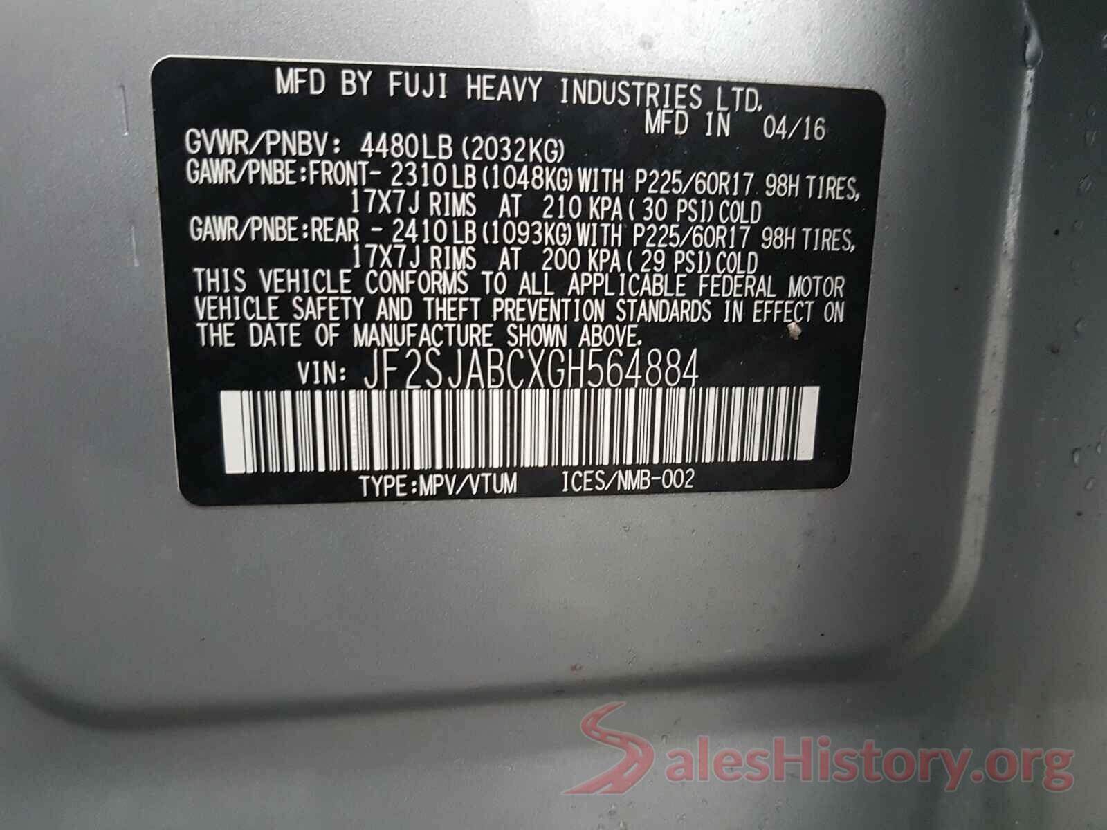 JF2SJABCXGH564884 2016 SUBARU FORESTER