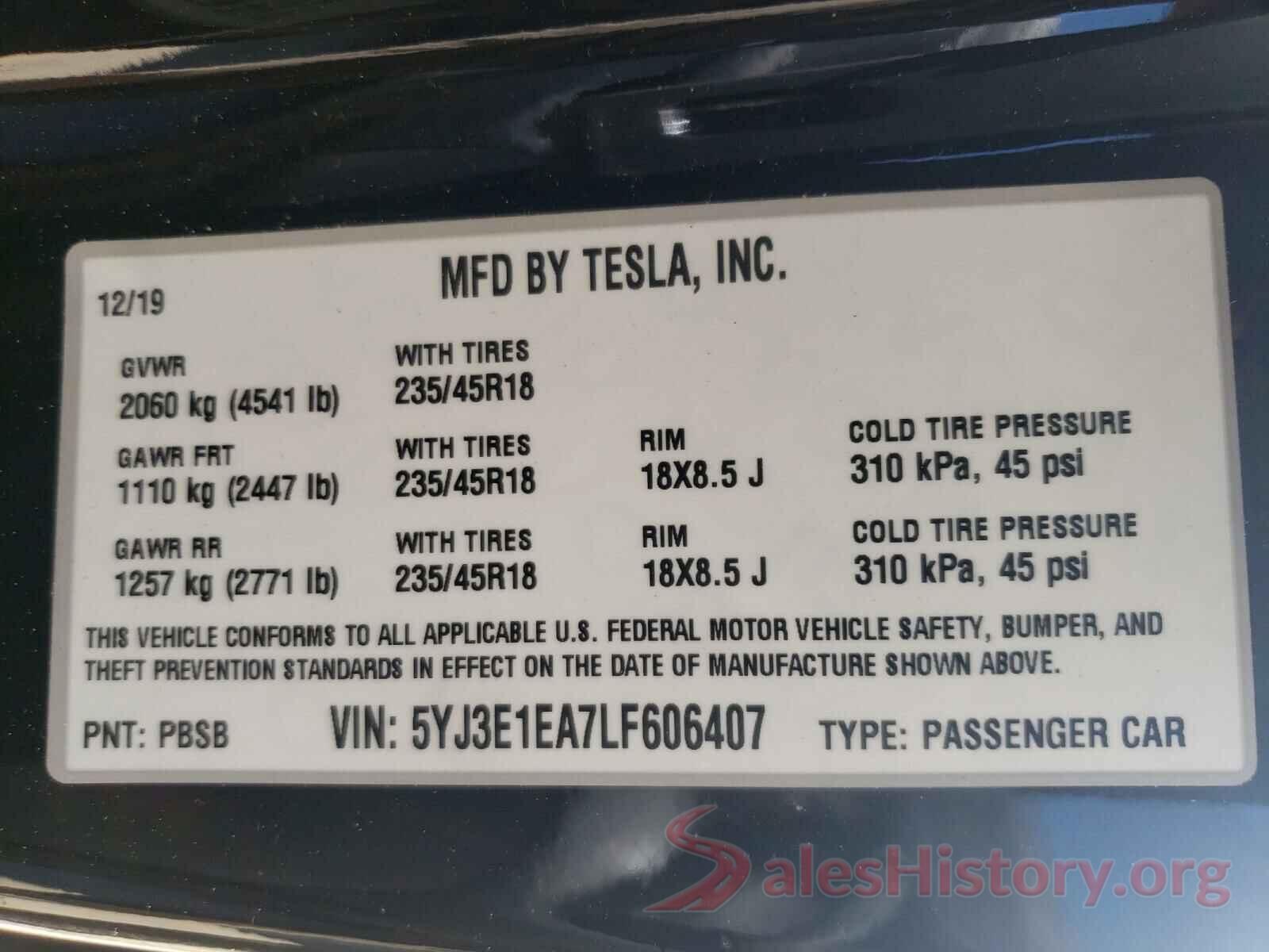 5YJ3E1EA7LF606407 2020 TESLA MODEL 3