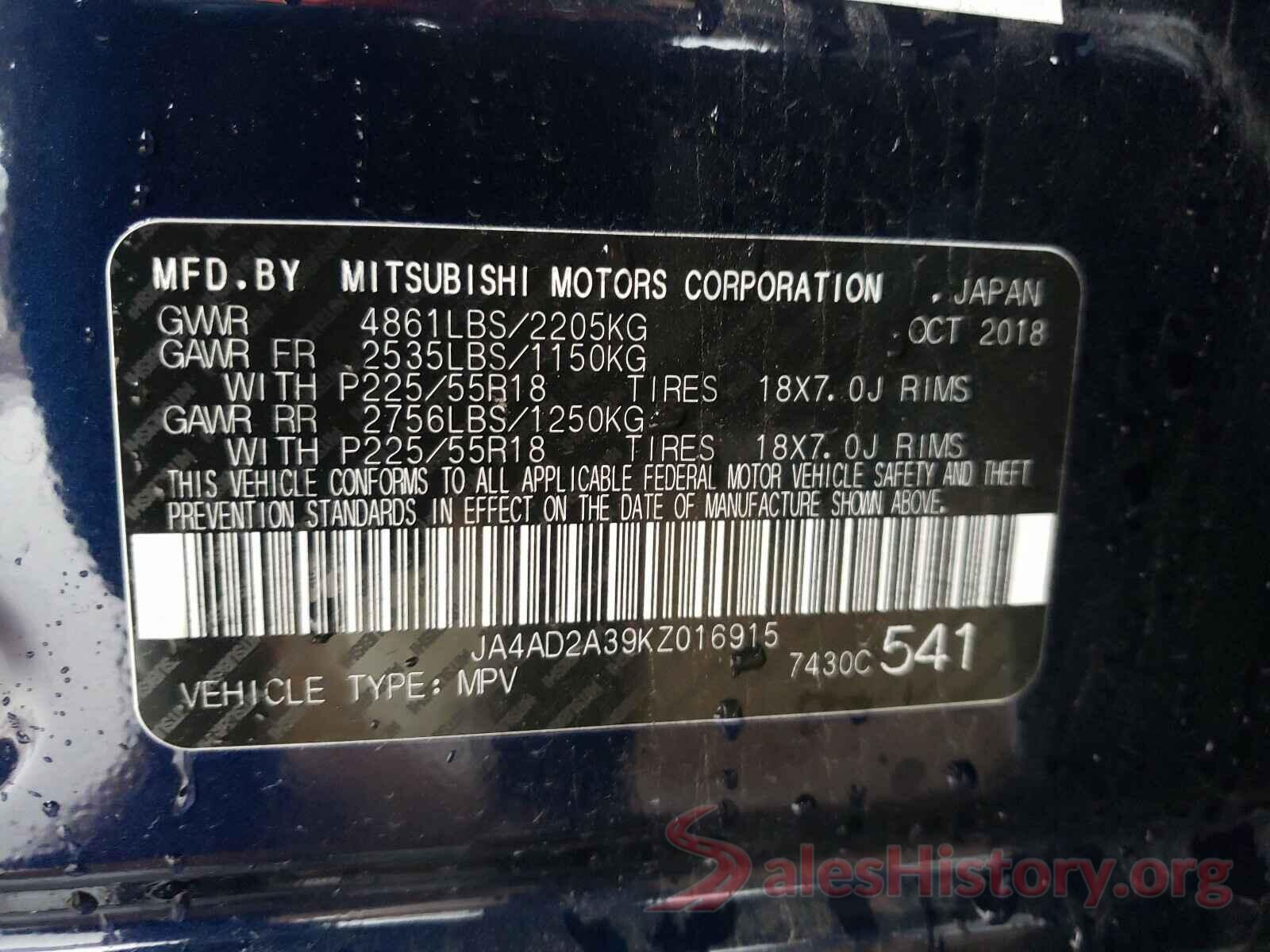 JA4AD2A39KZ016915 2019 MITSUBISHI OUTLANDER