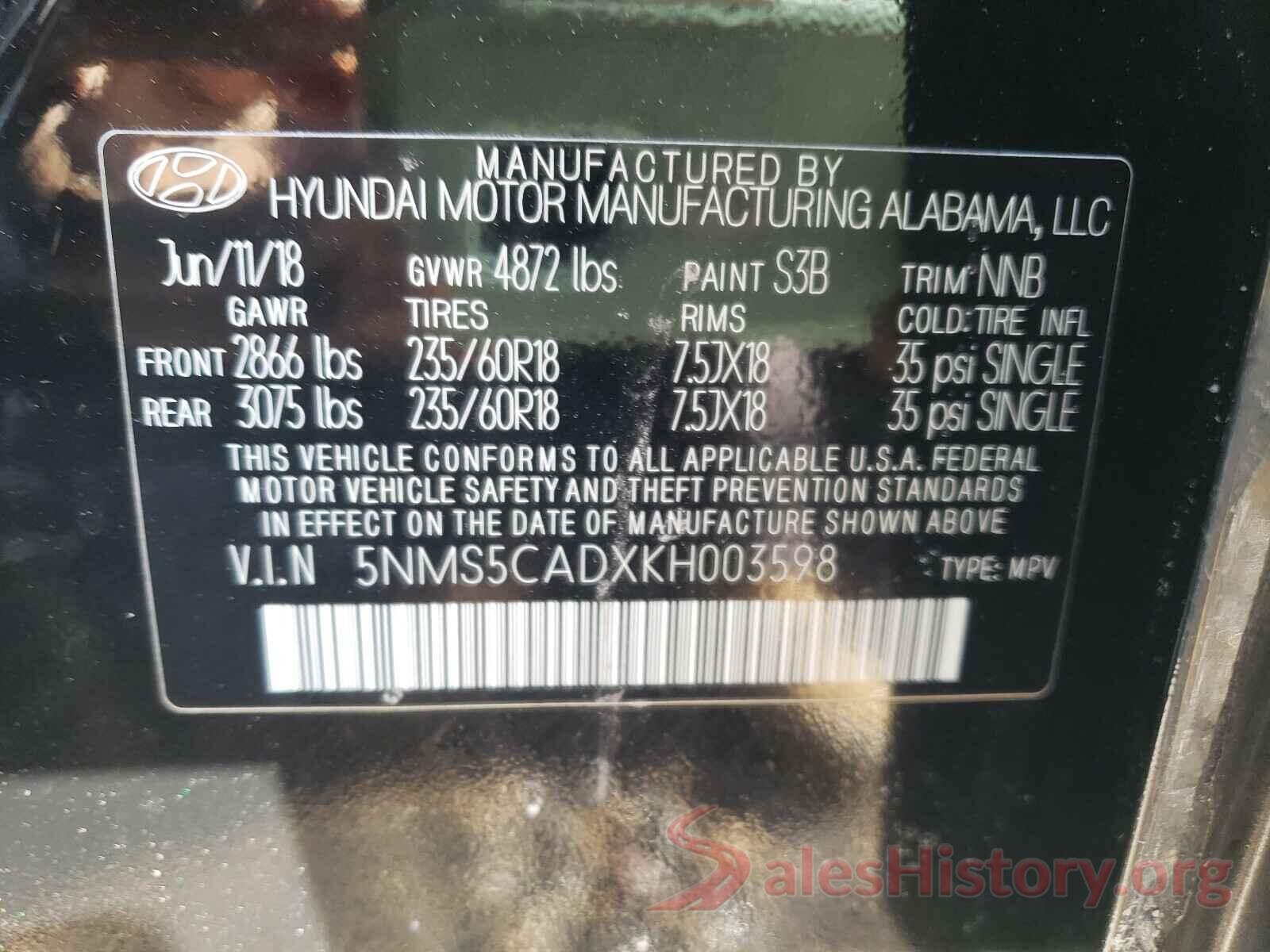 5NMS5CADXKH003598 2019 HYUNDAI SANTA FE