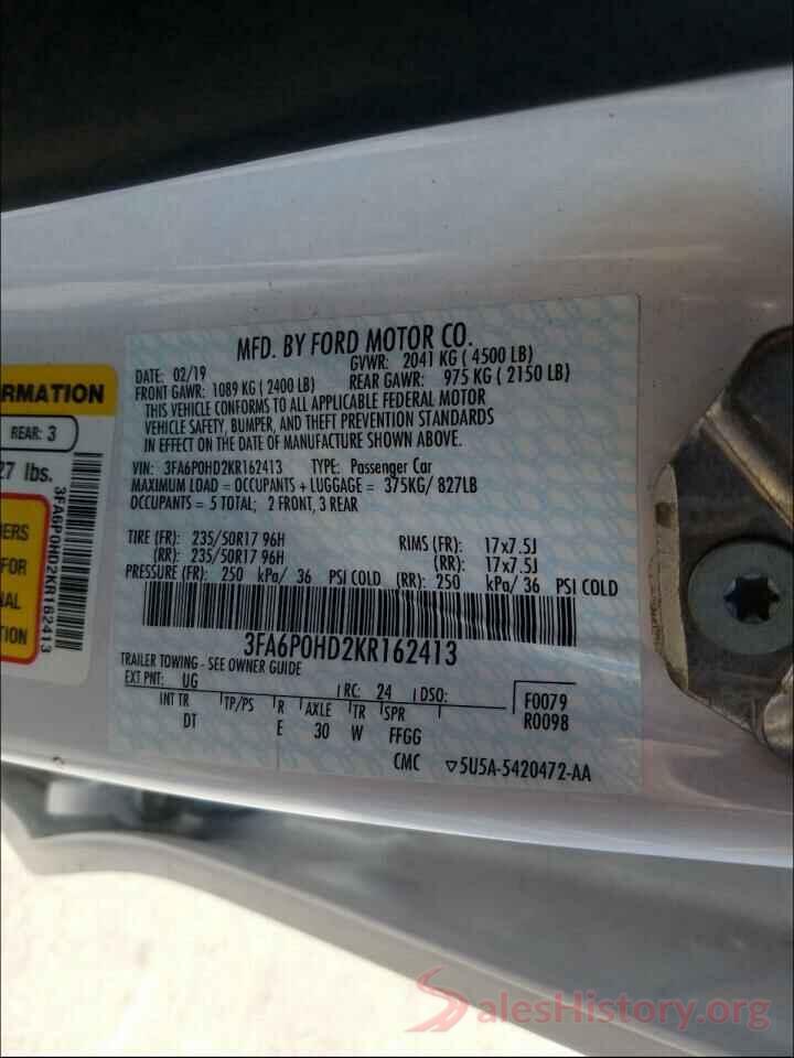 3FA6P0HD2KR162413 2019 FORD FUSION