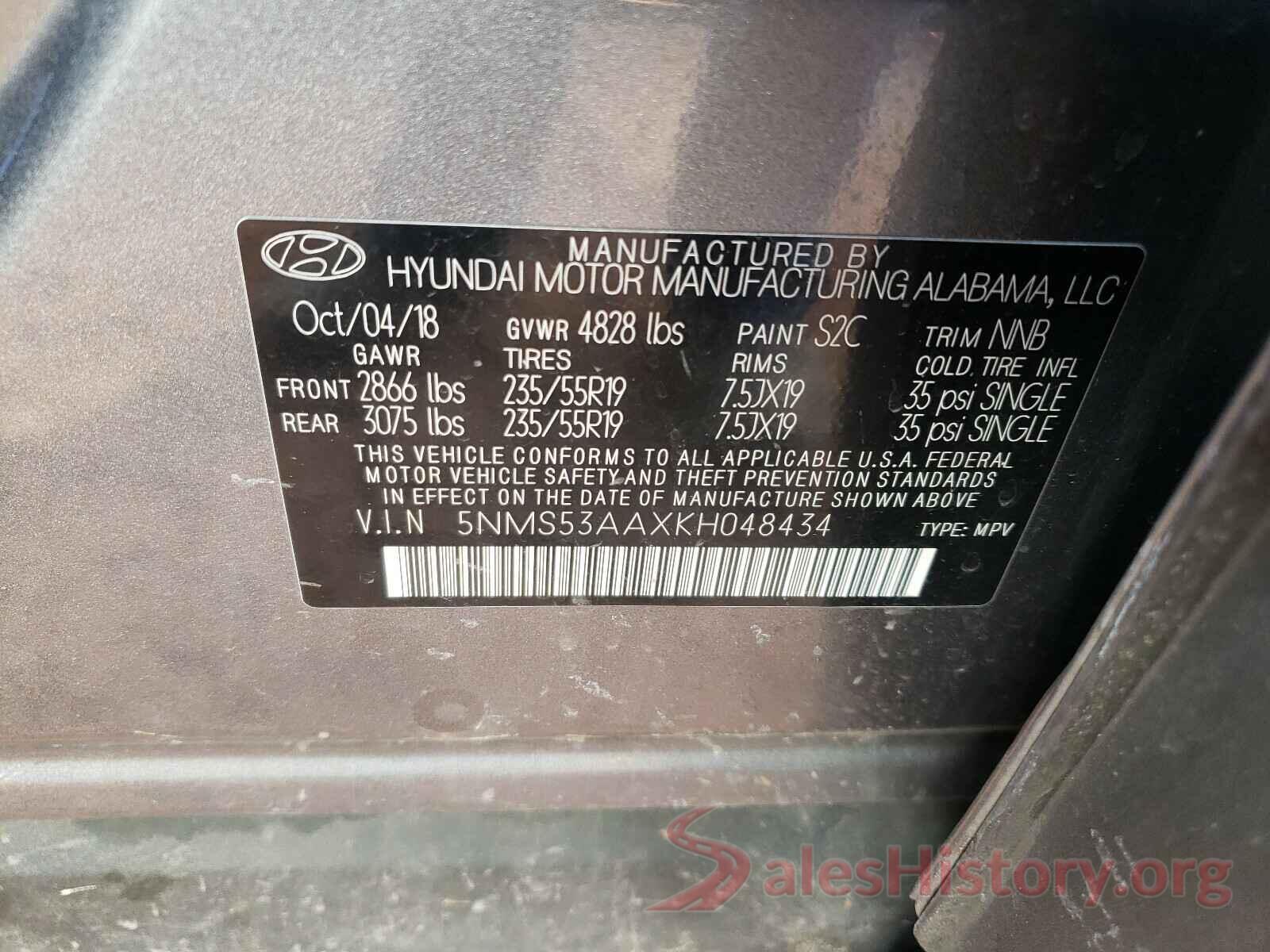 5NMS53AAXKH048434 2019 HYUNDAI SANTA FE