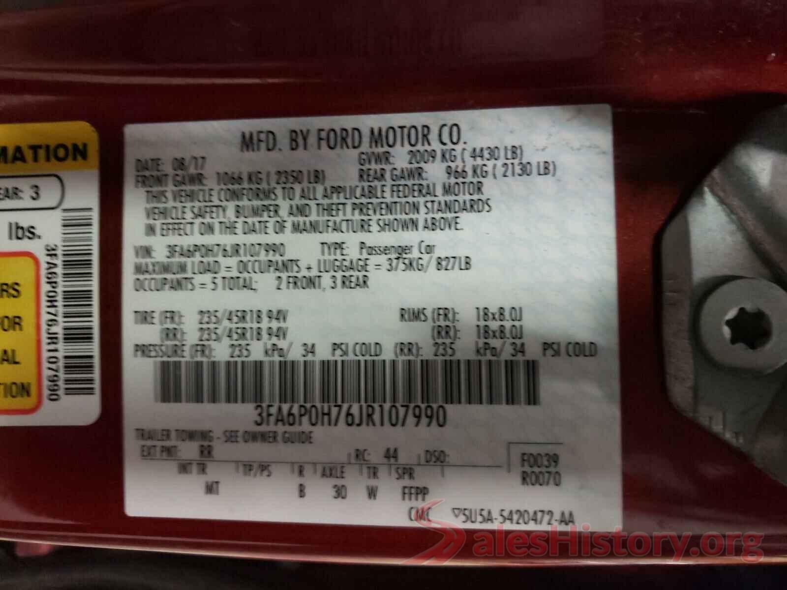 3FA6P0H76JR107990 2018 FORD FUSION