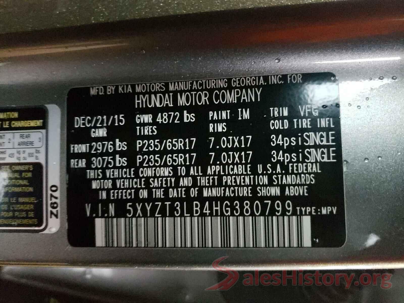 5XYZT3LB4HG380799 2017 HYUNDAI SANTA FE