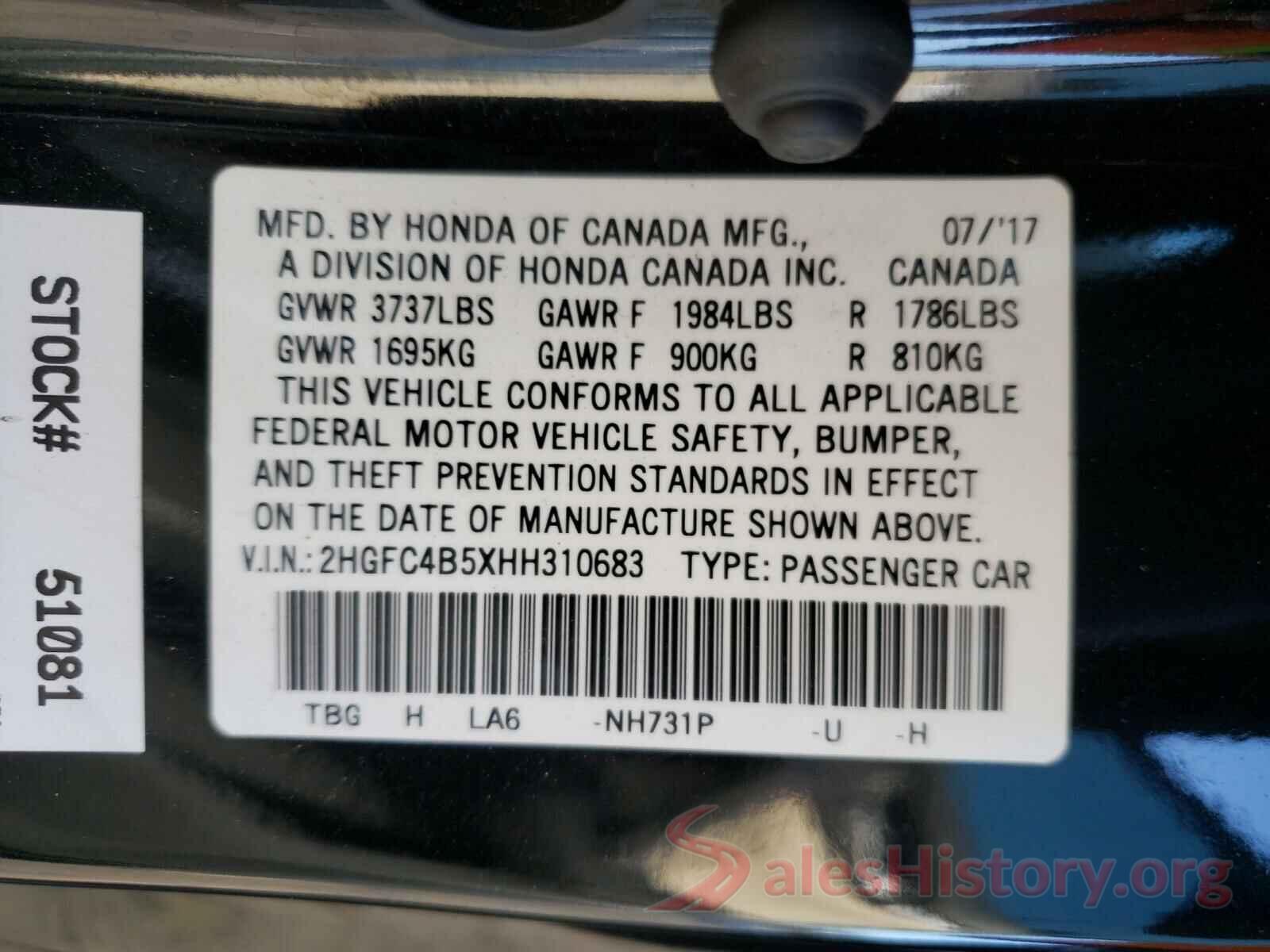 2HGFC4B5XHH310683 2017 HONDA CIVIC