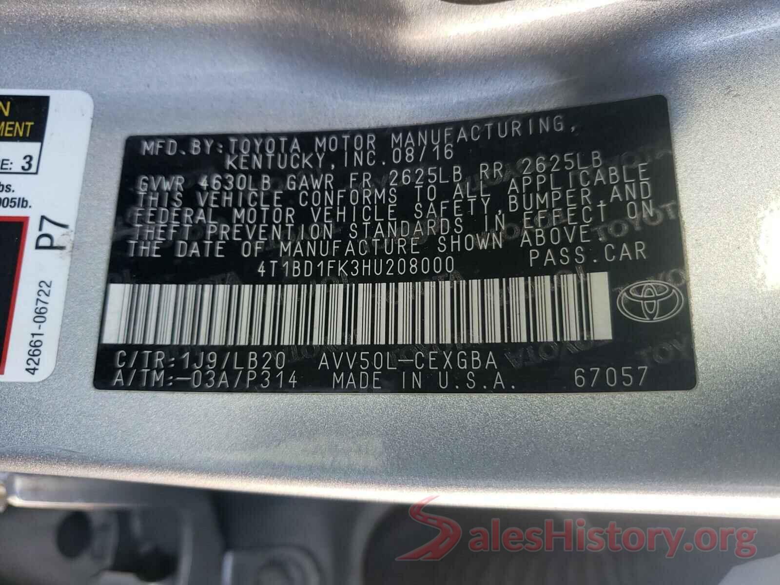 4T1BD1FK3HU208000 2017 TOYOTA CAMRY