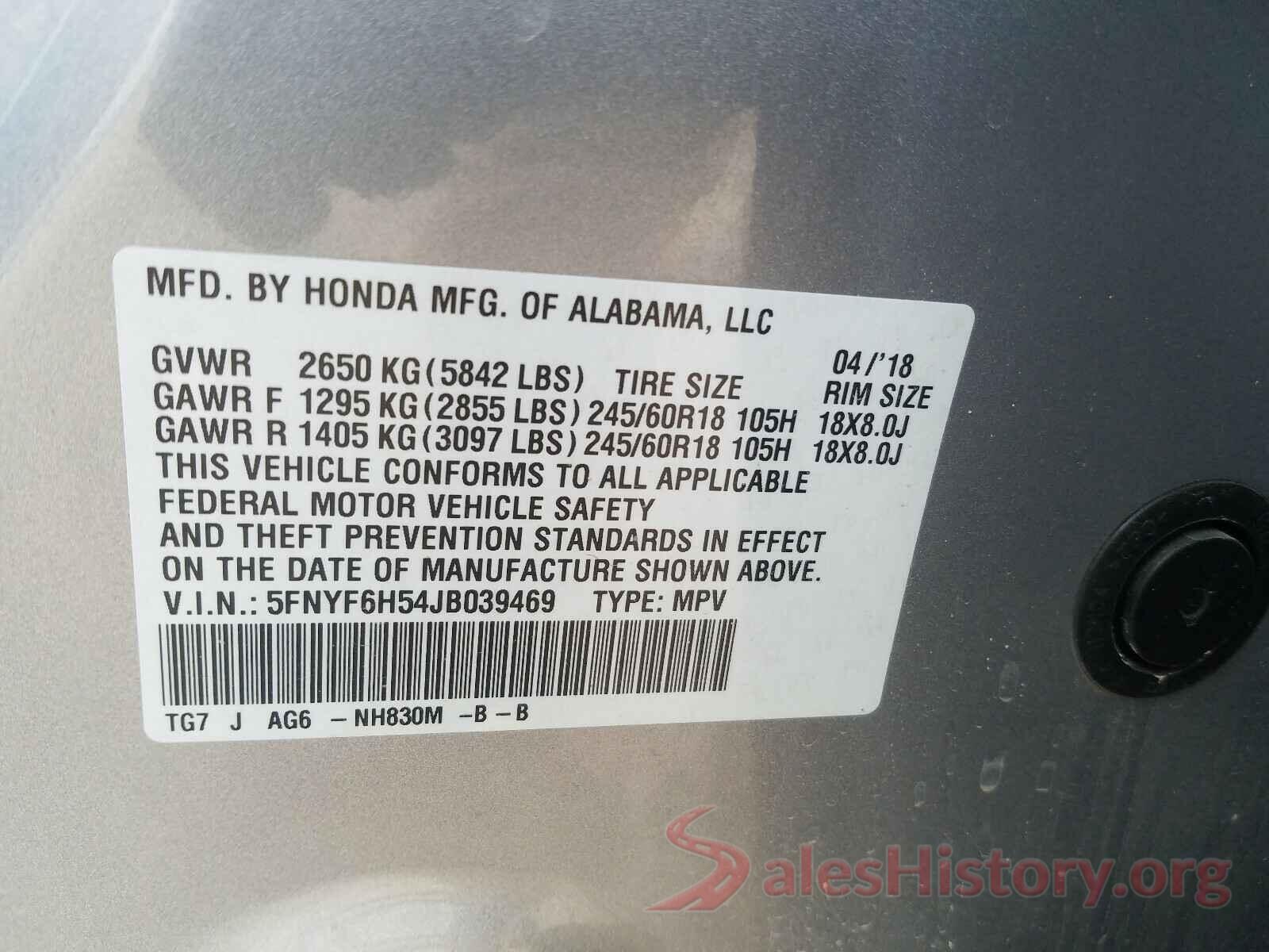 5FNYF6H54JB039469 2018 HONDA PILOT