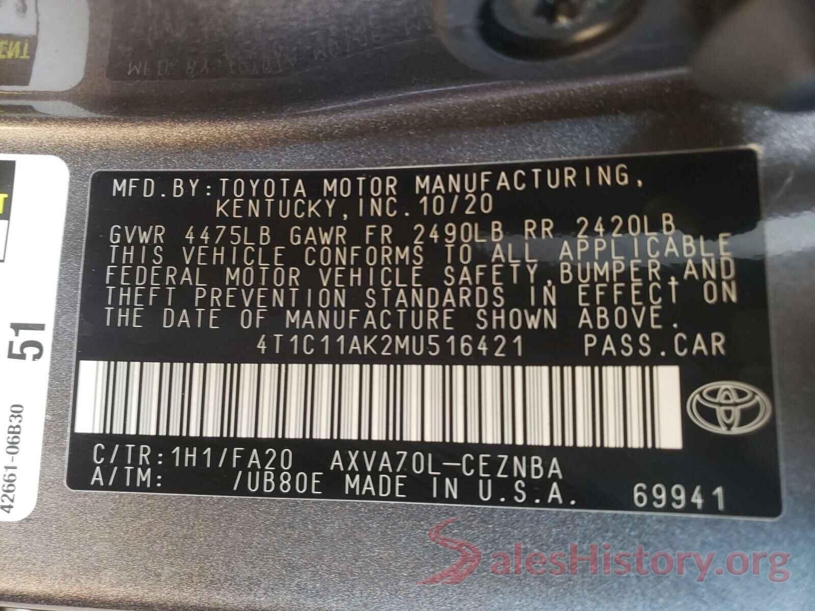 4T1C11AK2MU516421 2021 TOYOTA CAMRY