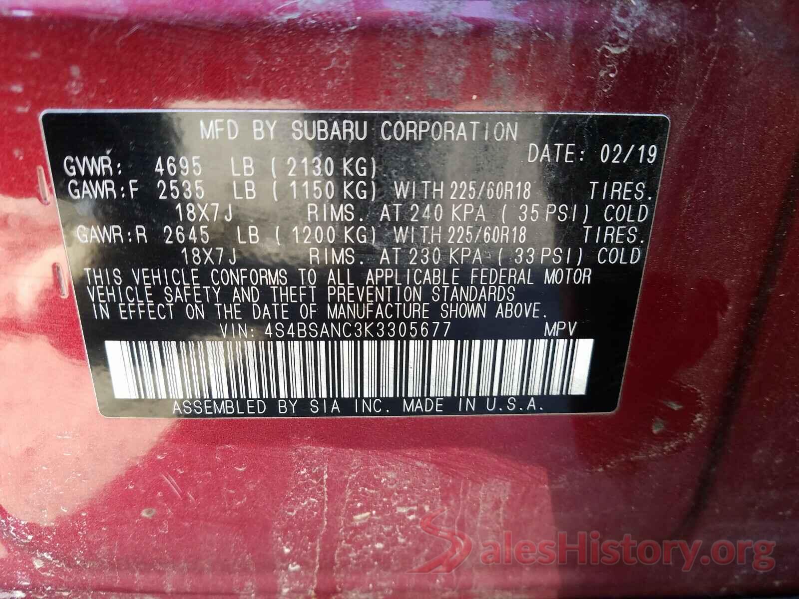 4S4BSANC3K3305677 2019 SUBARU OUTBACK