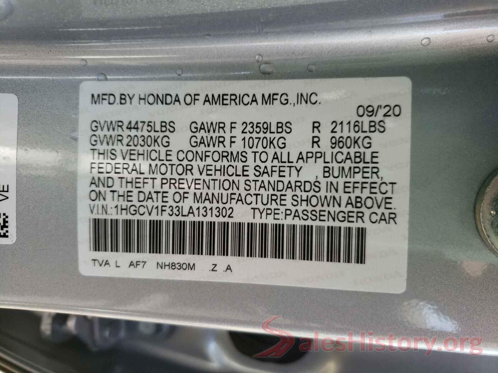 1HGCV1F33LA131302 2020 HONDA ACCORD