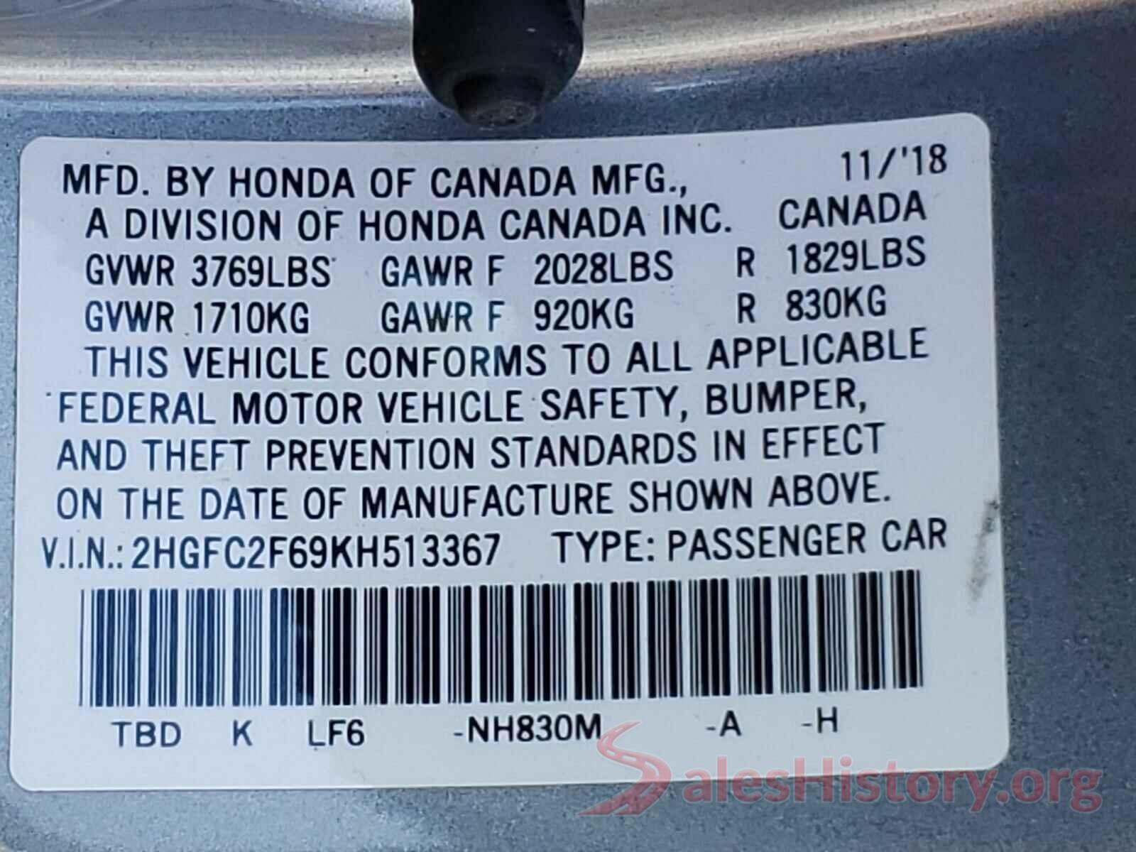 2HGFC2F69KH513367 2019 HONDA CIVIC