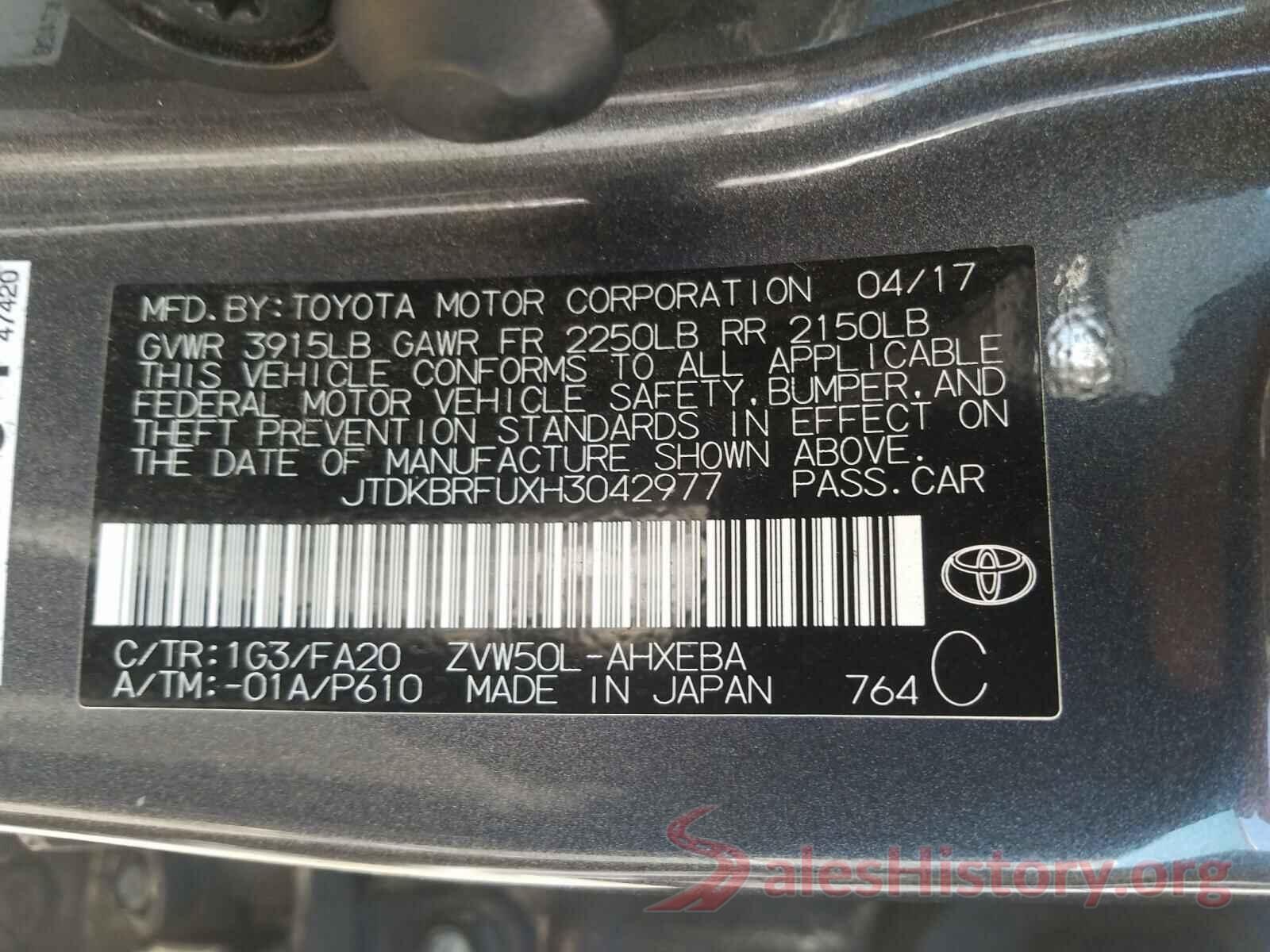 JTDKBRFUXH3042977 2017 TOYOTA PRIUS