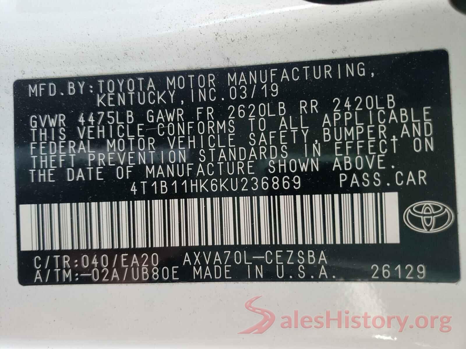 4T1B11HK6KU236869 2019 TOYOTA CAMRY