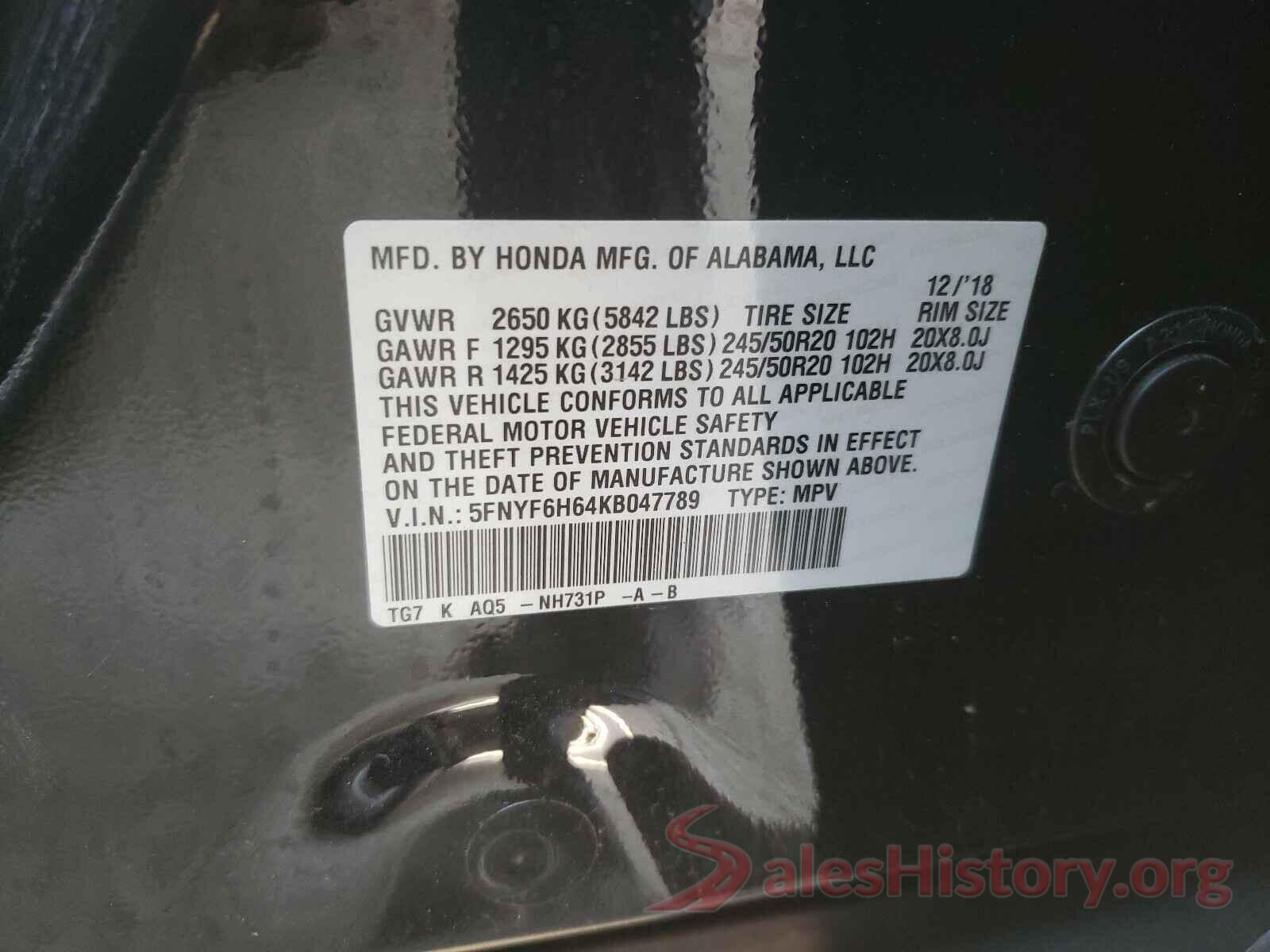 5FNYF6H64KB047789 2019 HONDA PILOT