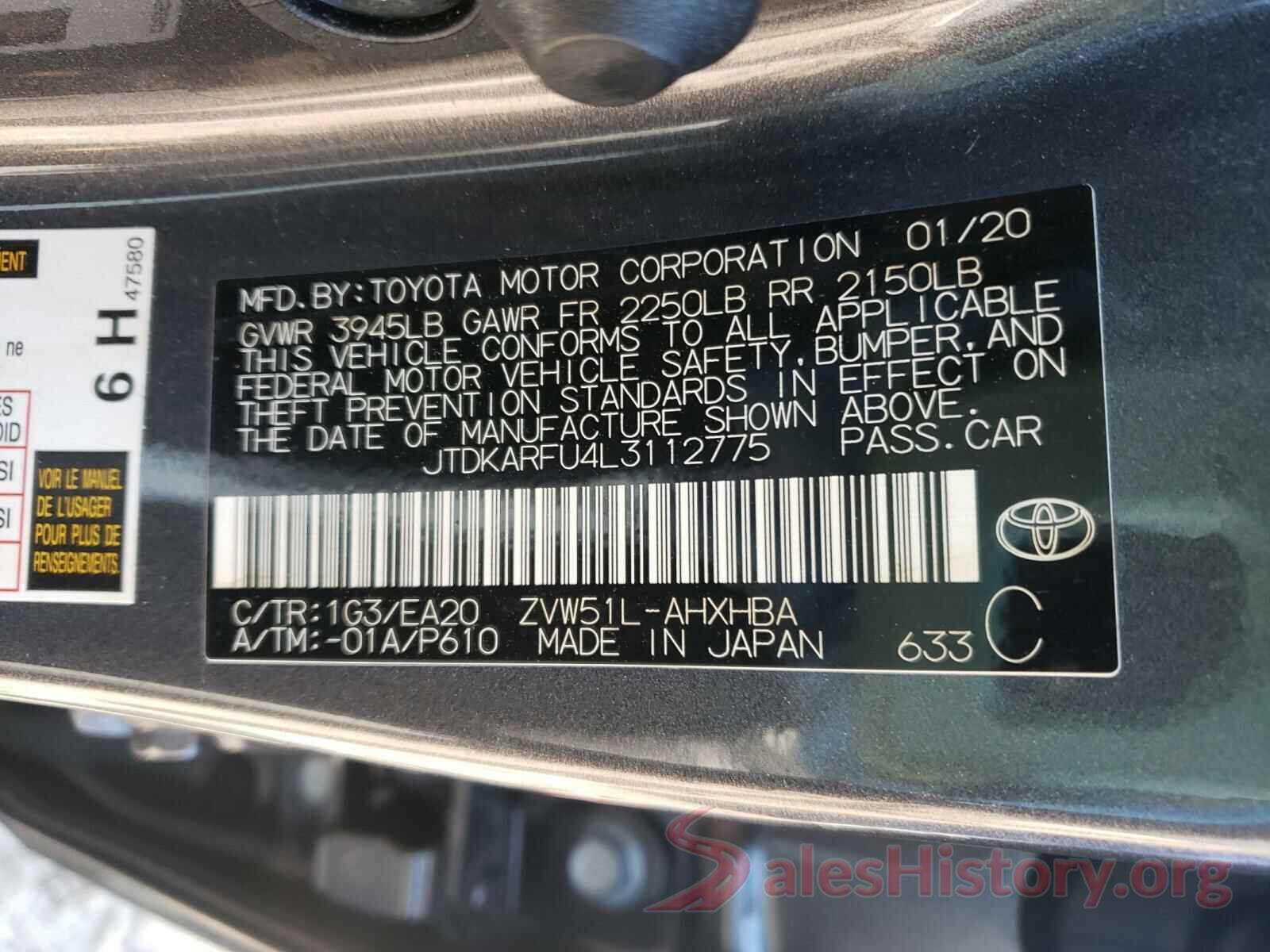 JTDKARFU4L3112775 2020 TOYOTA PRIUS