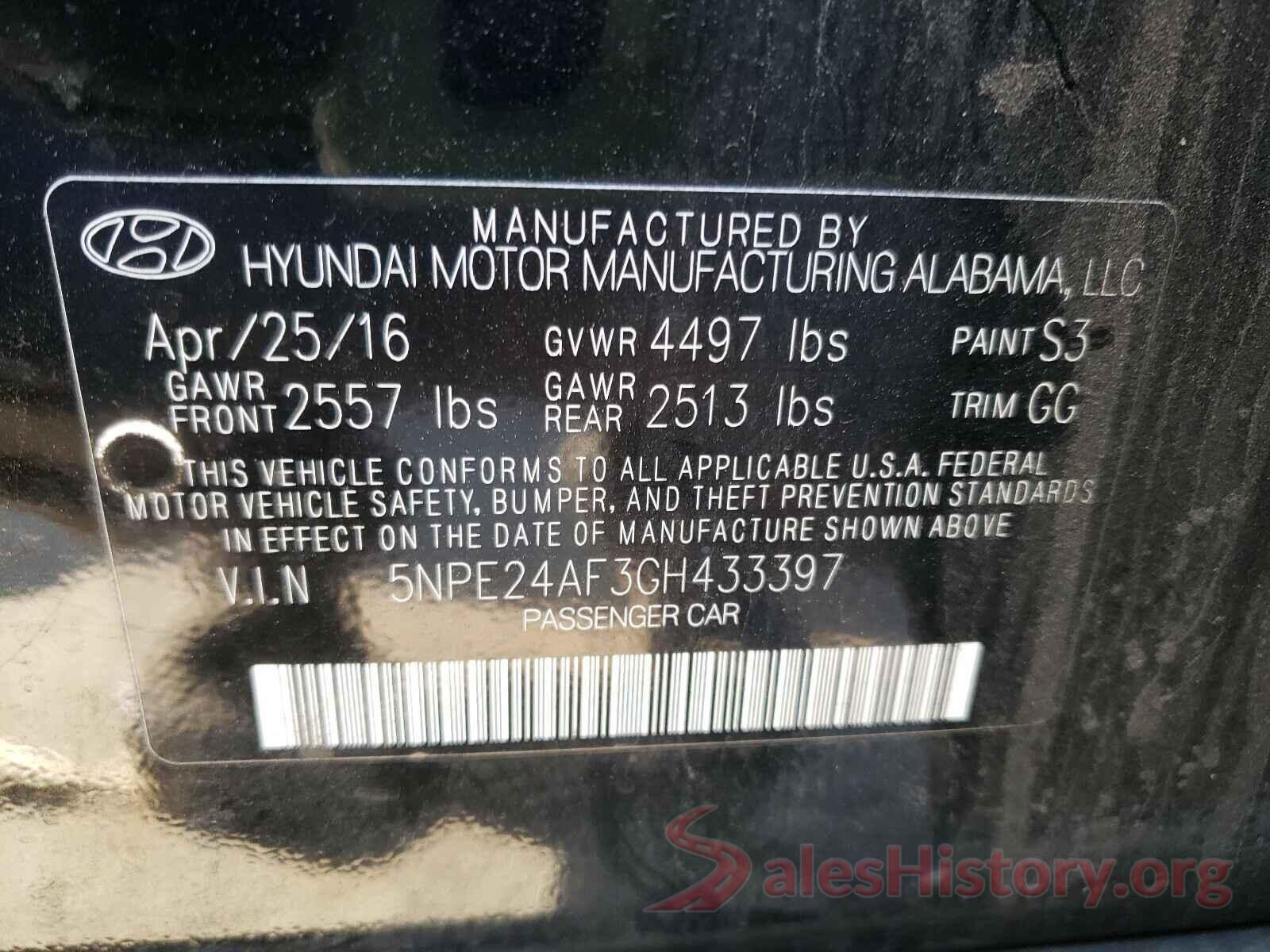 5NPE24AF3GH433397 2016 HYUNDAI SONATA