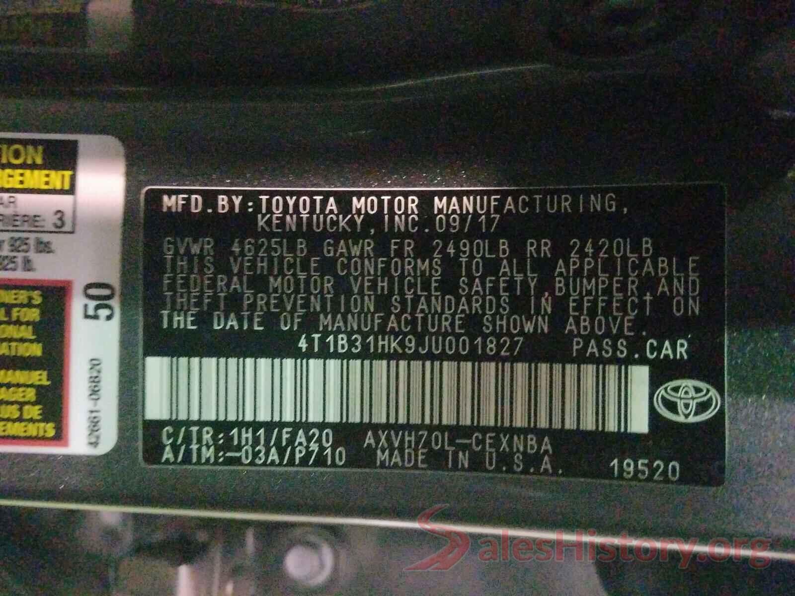 4T1B31HK9JU001827 2018 TOYOTA CAMRY