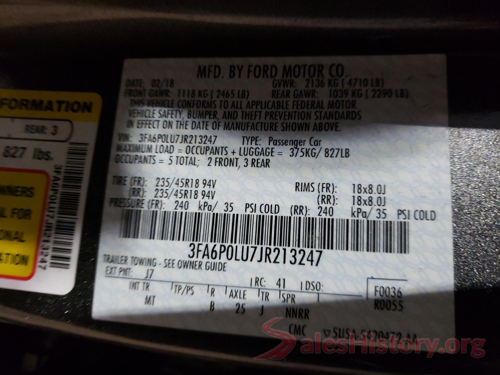 3FA6P0LU7JR213247 2018 FORD FUSION