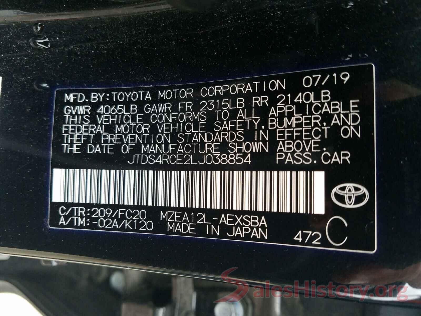 JTDS4RCE2LJ038854 2020 TOYOTA COROLLA