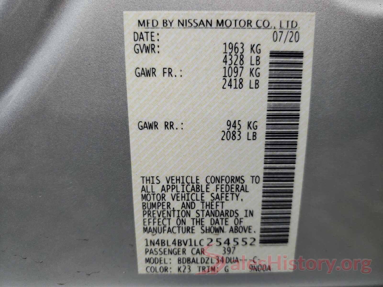 1N4BL4BV1LC254552 2020 NISSAN ALTIMA