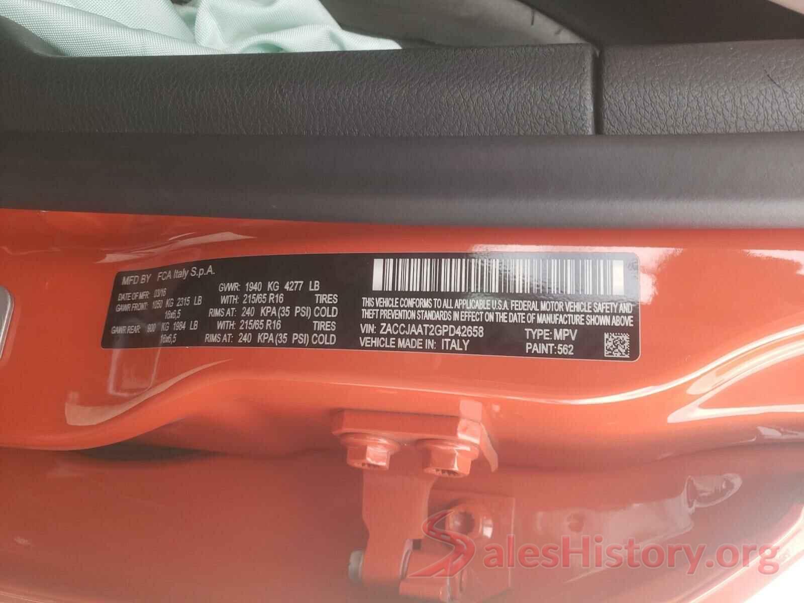 ZACCJAAT2GPD42658 2016 JEEP RENEGADE