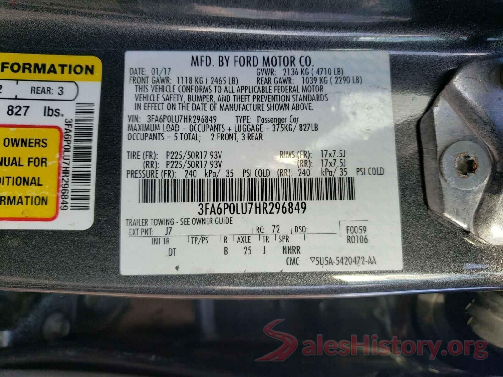 3FA6P0LU7HR296849 2017 FORD FUSION