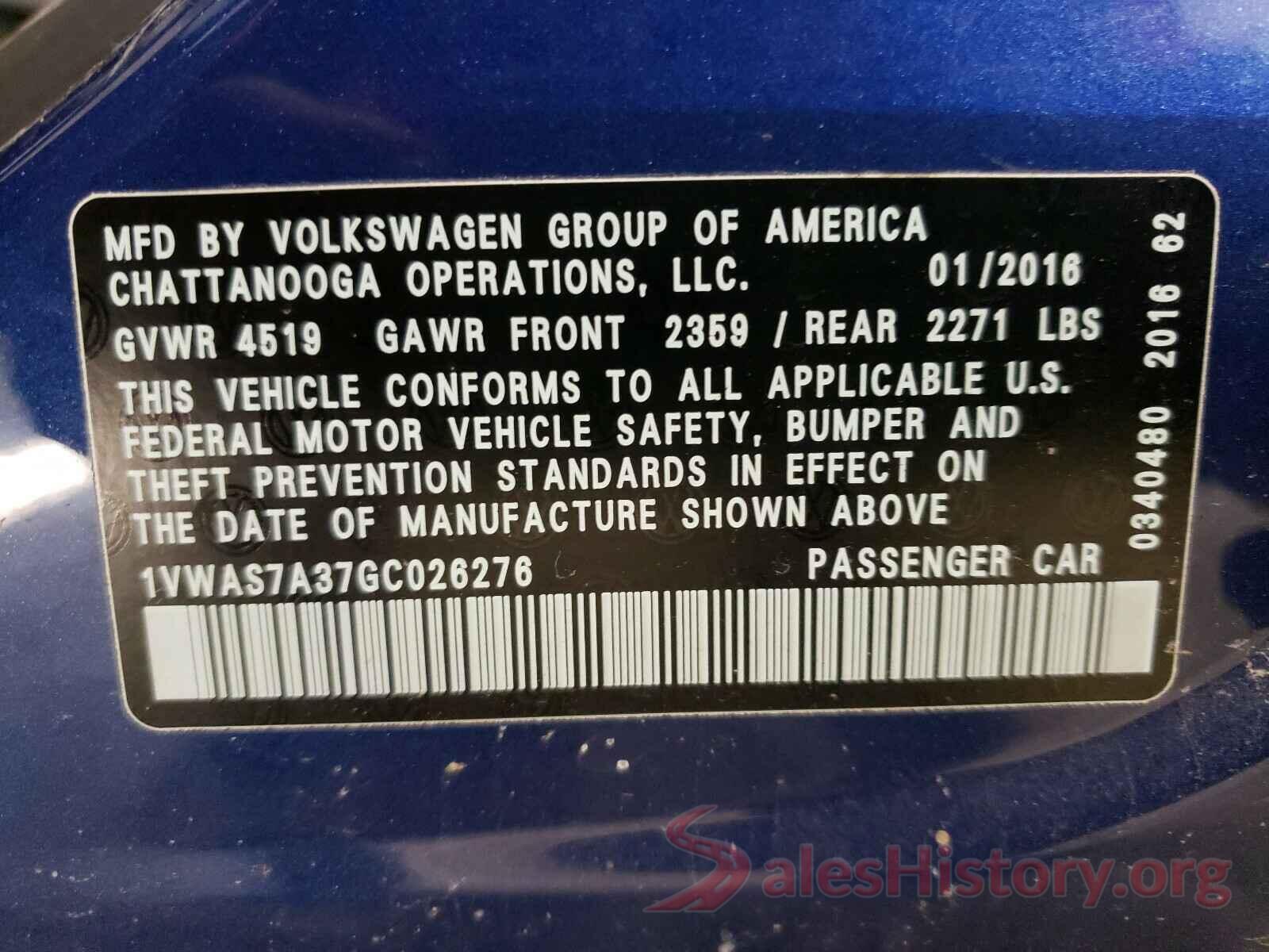 1VWAS7A37GC026276 2016 VOLKSWAGEN PASSAT