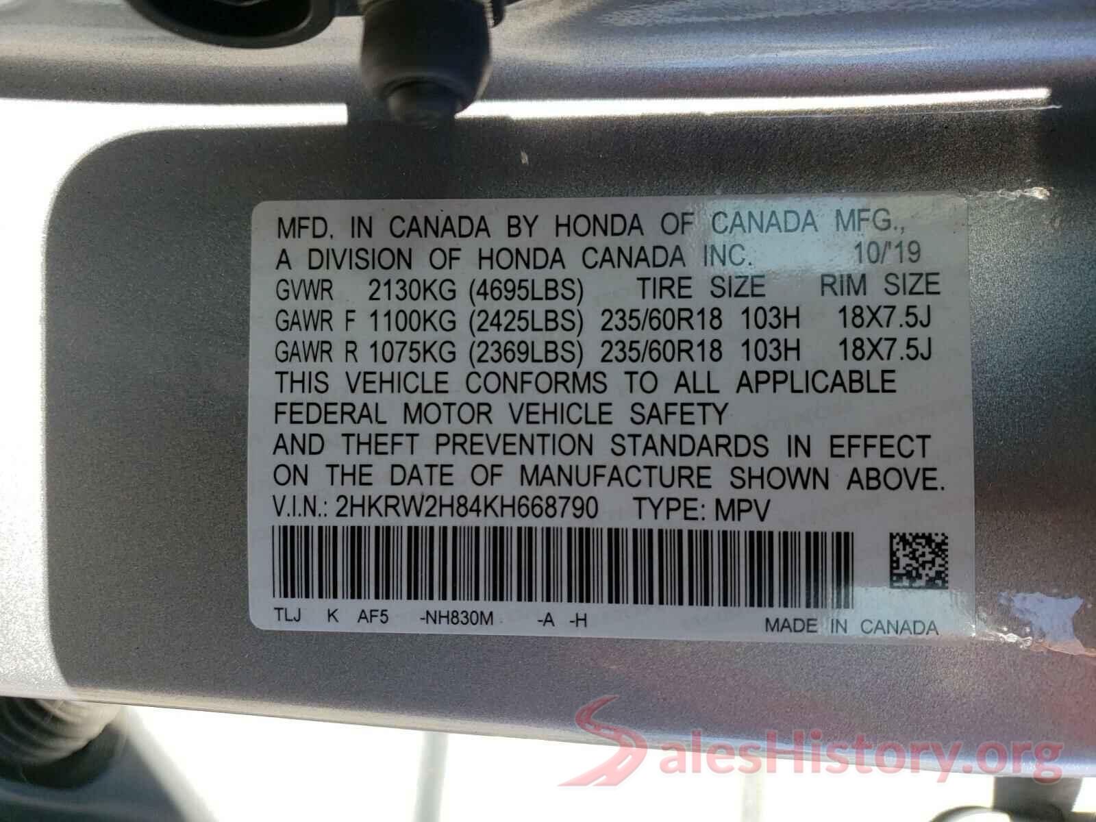 2HKRW2H84KH668790 2019 HONDA CRV