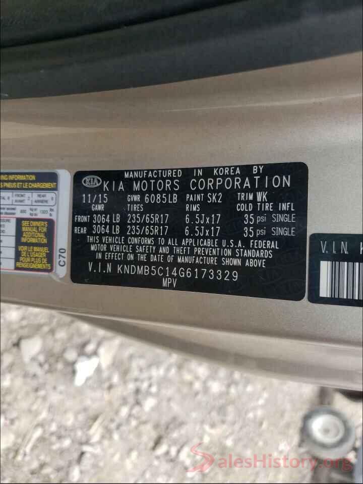 KNDMB5C14G6173329 2016 KIA SEDONA