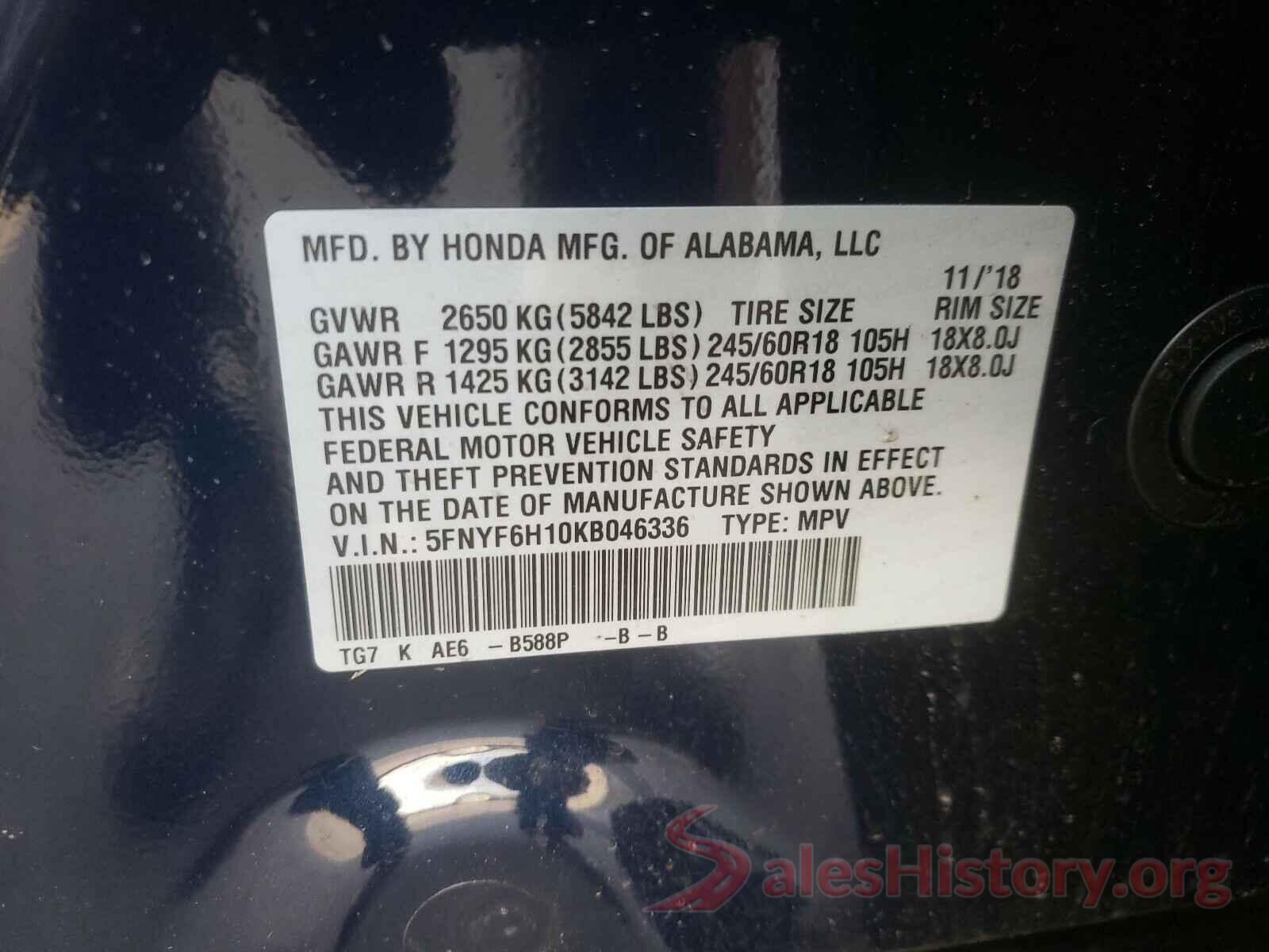 5FNYF6H10KB046336 2019 HONDA PILOT