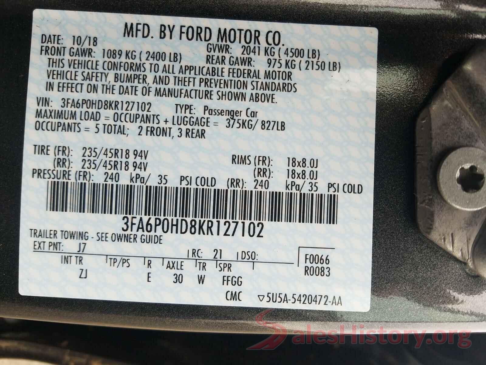 3FA6P0HD8KR127102 2019 FORD FUSION