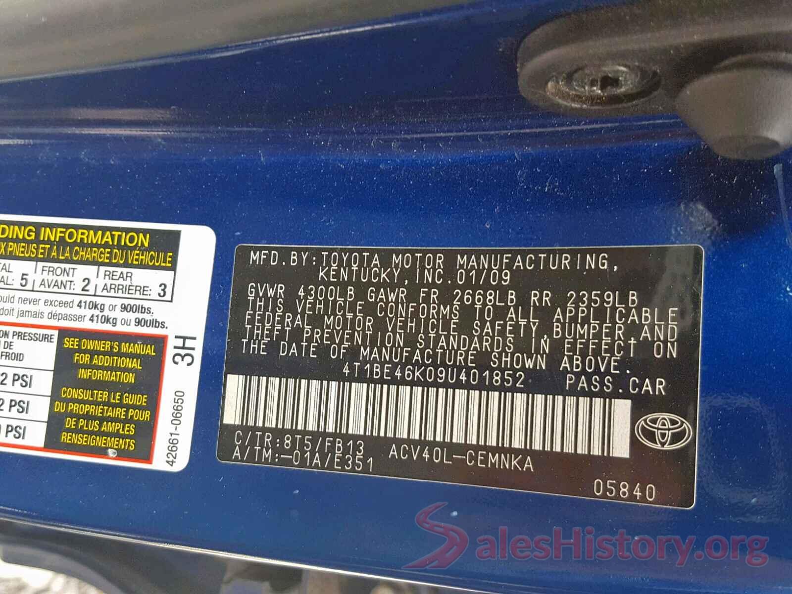 4T1BE46K09U401852 2009 TOYOTA CAMRY BASE