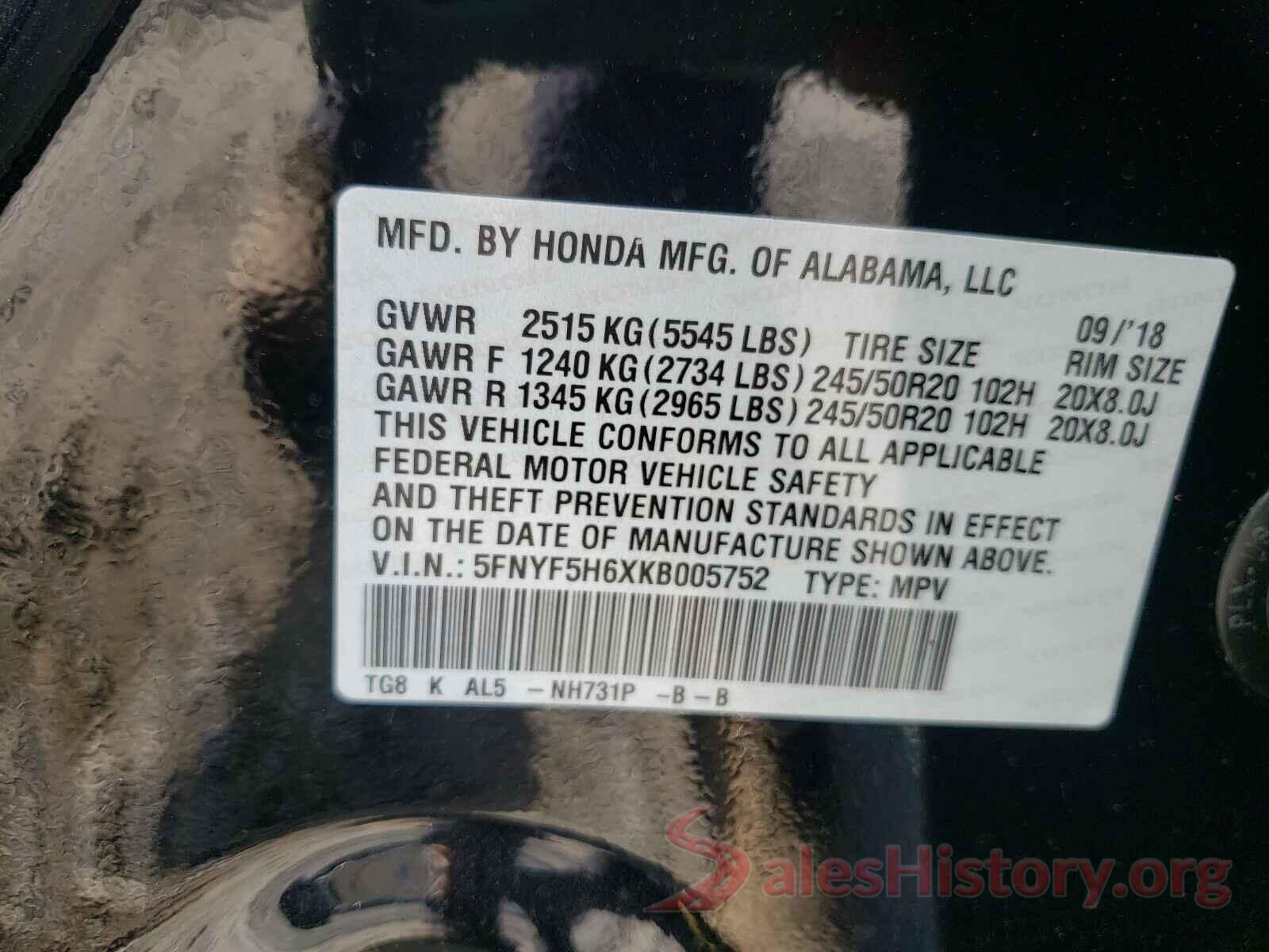 5FNYF5H6XKB005752 2019 HONDA PILOT