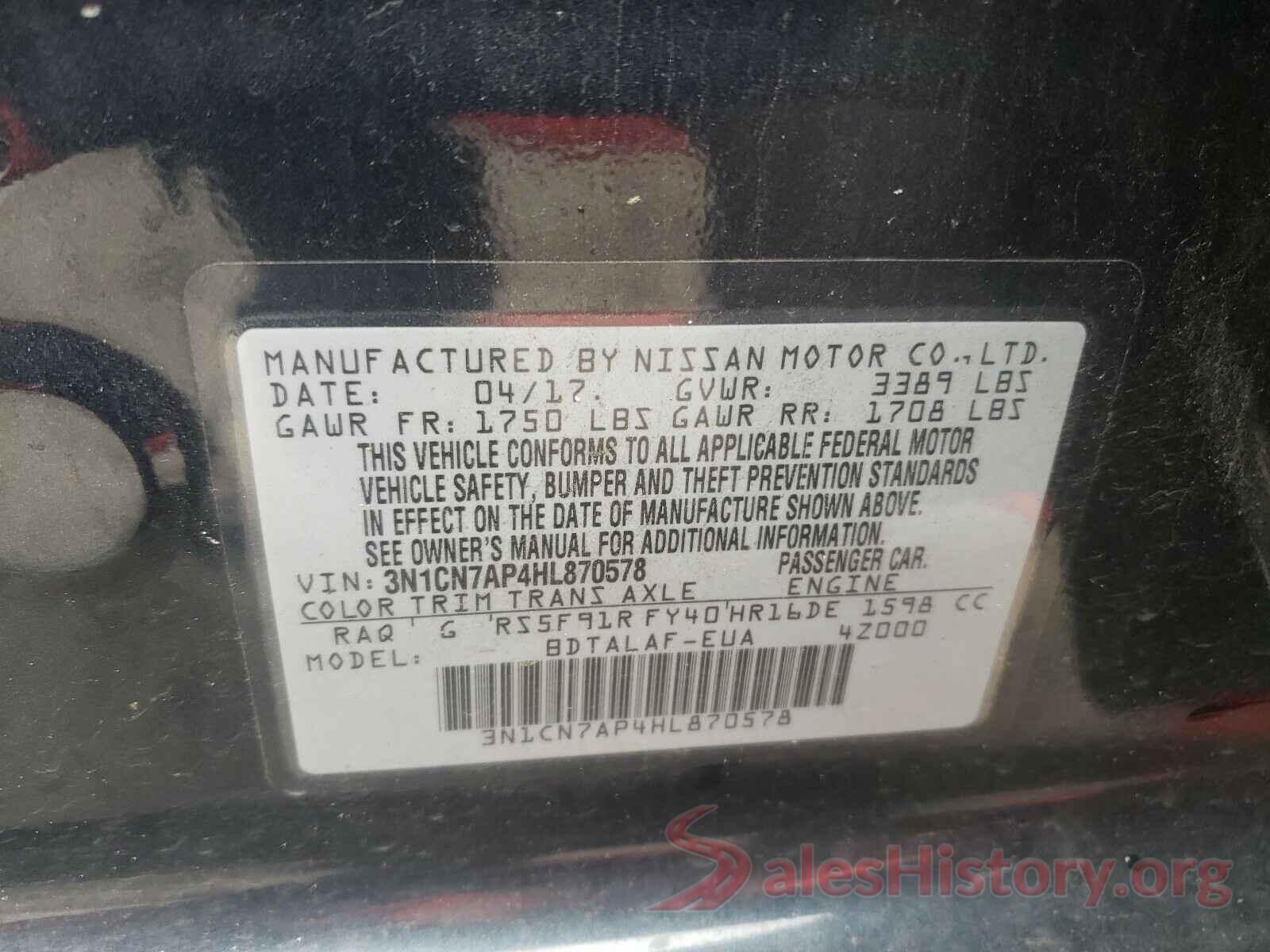 3N1CN7AP4HL870578 2017 NISSAN VERSA