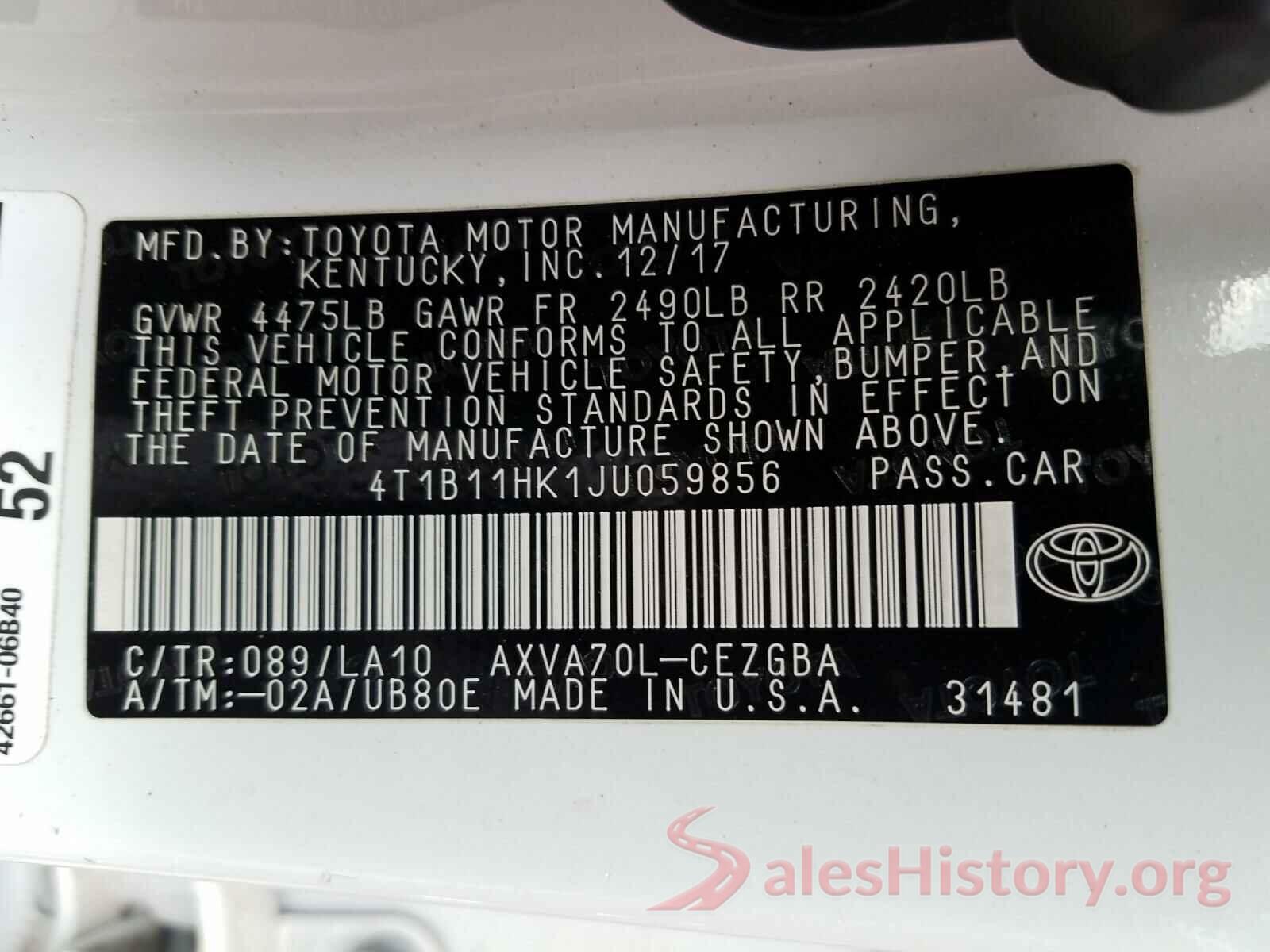 4T1B11HK1JU059856 2018 TOYOTA CAMRY