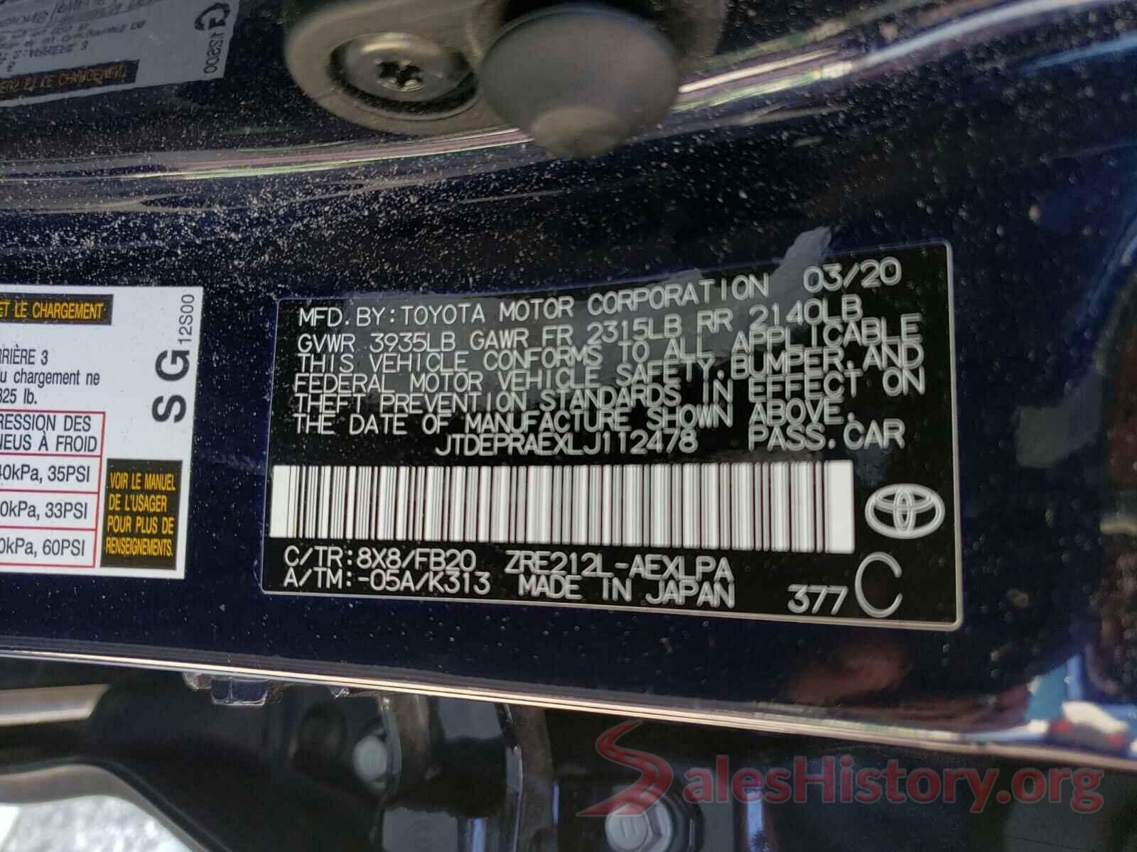 JTDEPRAEXLJ112478 2020 TOYOTA COROLLA