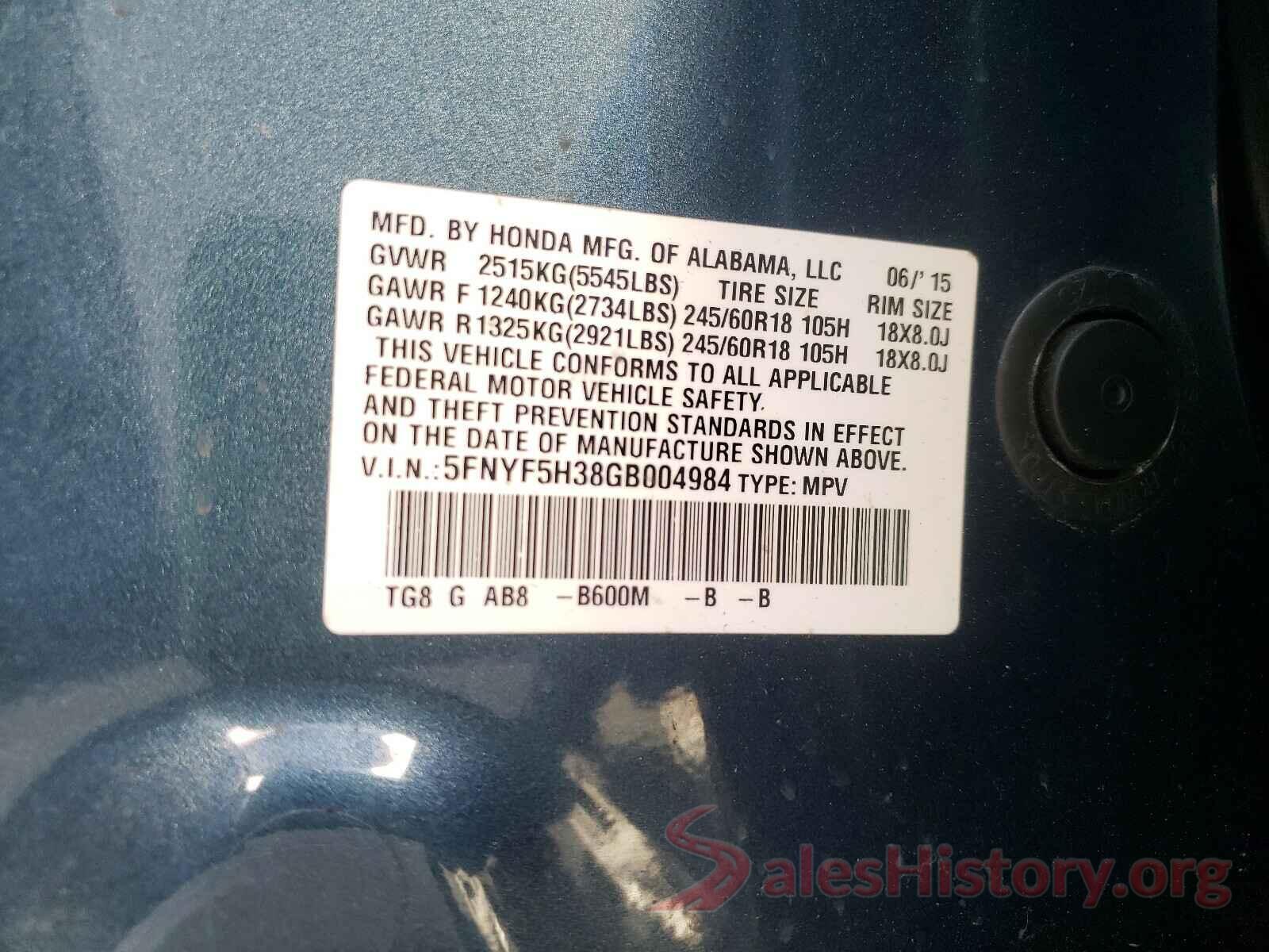 5FNYF5H38GB004984 2016 HONDA PILOT