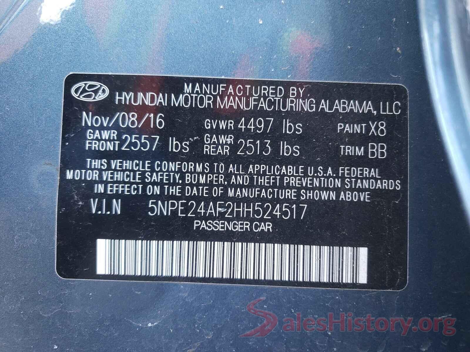 5NPE24AF2HH524517 2017 HYUNDAI SONATA