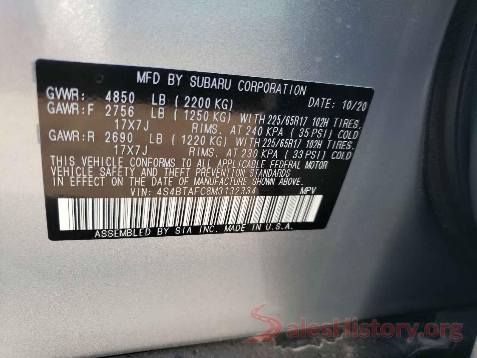 4S4BTAFC8M3132334 2021 SUBARU OUTBACK