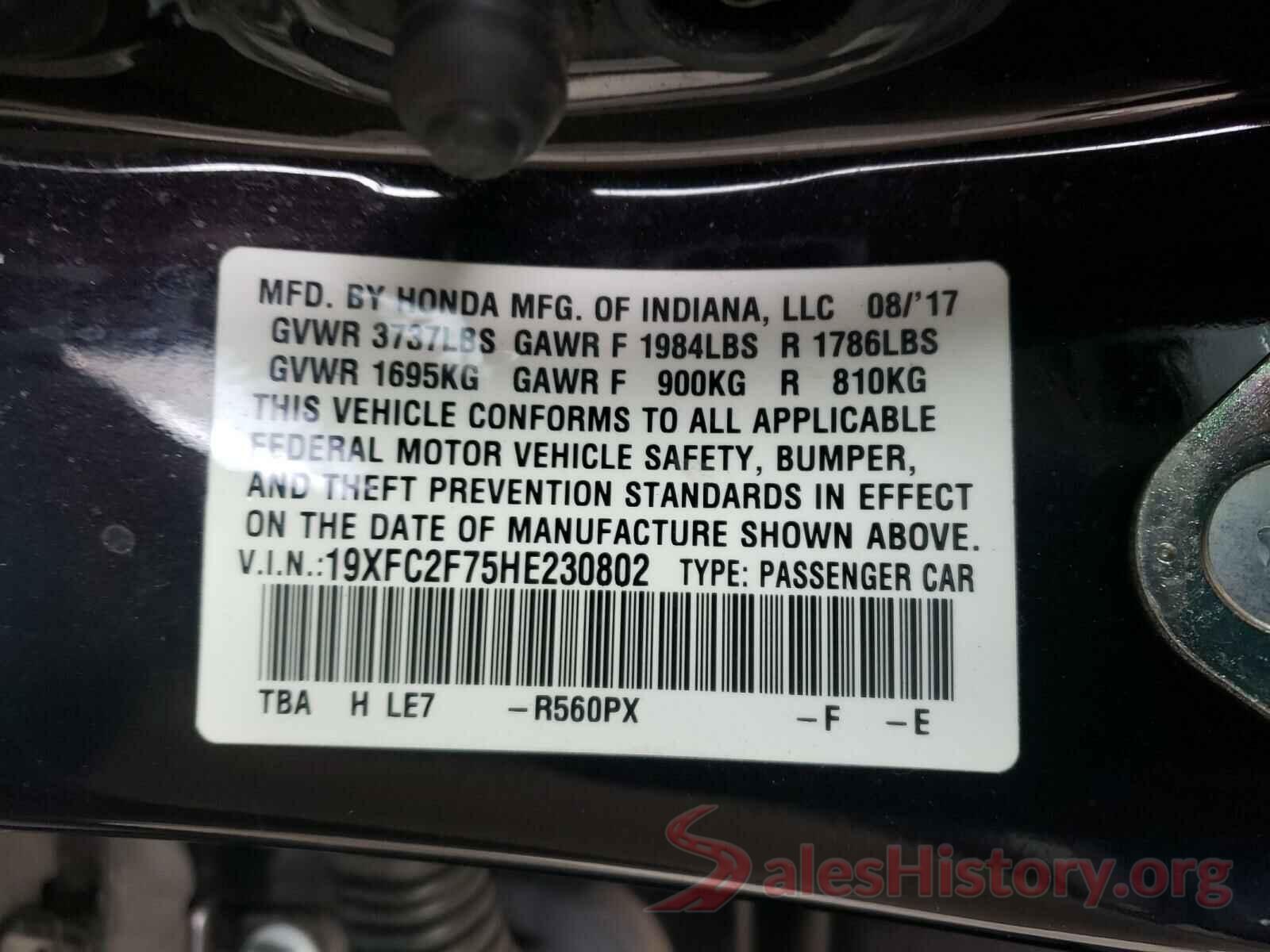 19XFC2F75HE230802 2017 HONDA CIVIC