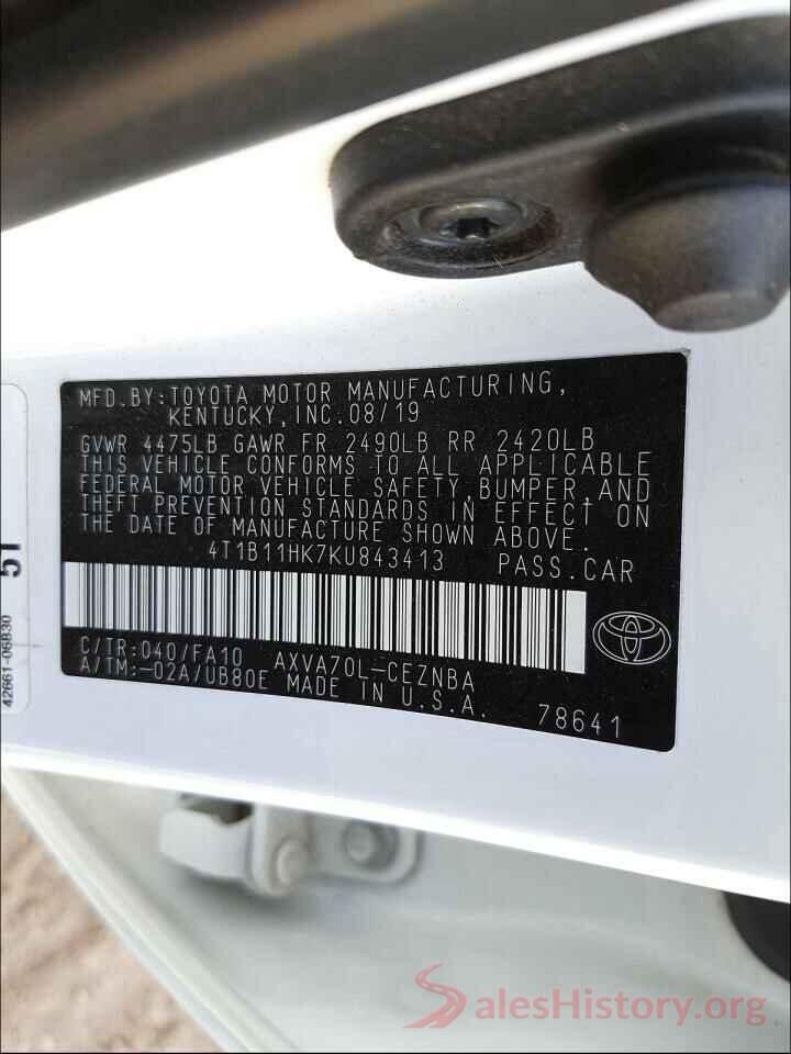 4T1B11HK7KU843413 2019 TOYOTA CAMRY