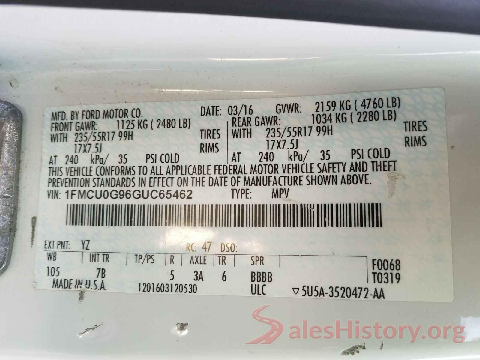 1FMCU0G96GUC65462 2016 FORD ESCAPE