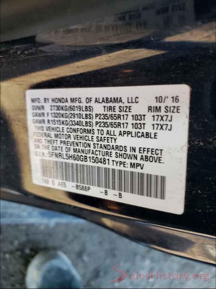 5FNRL5H60GB150481 2016 HONDA ODYSSEY