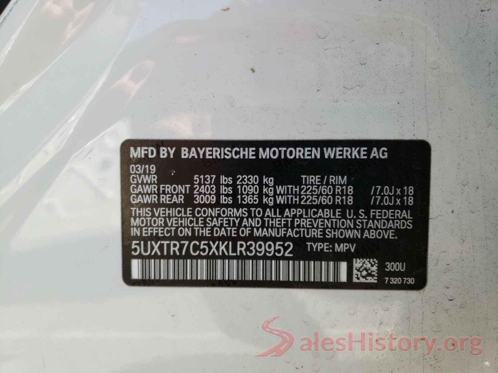 5UXTR7C5XKLR39952 2019 BMW X3